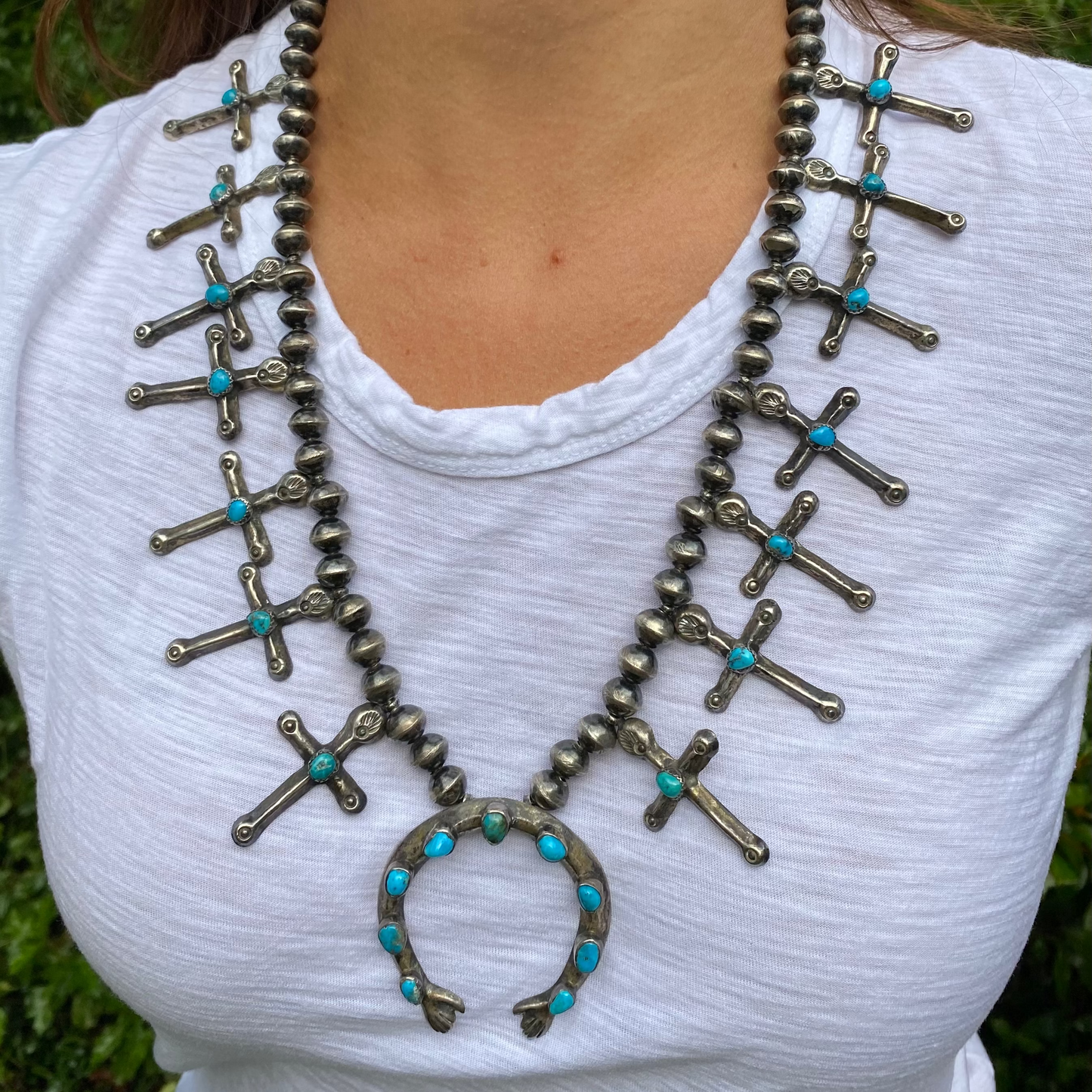 Vintage Sterling Silver and Turquoise Cross Squash Blossom Style Necklace Unsigned