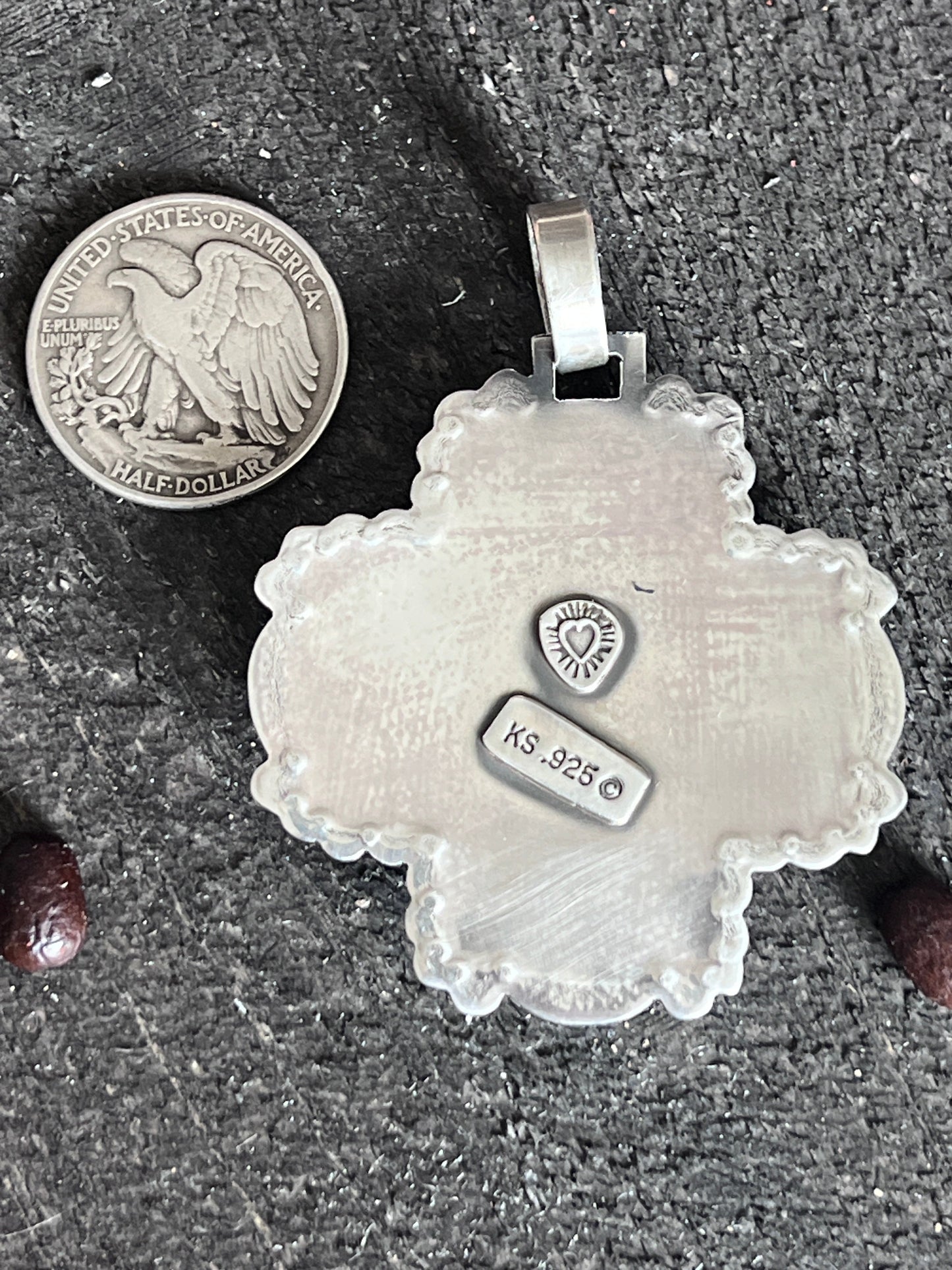 Hand Stamped Sterling Silver & Black Marble Santa Fe Cross Pendant by Kimari Somers