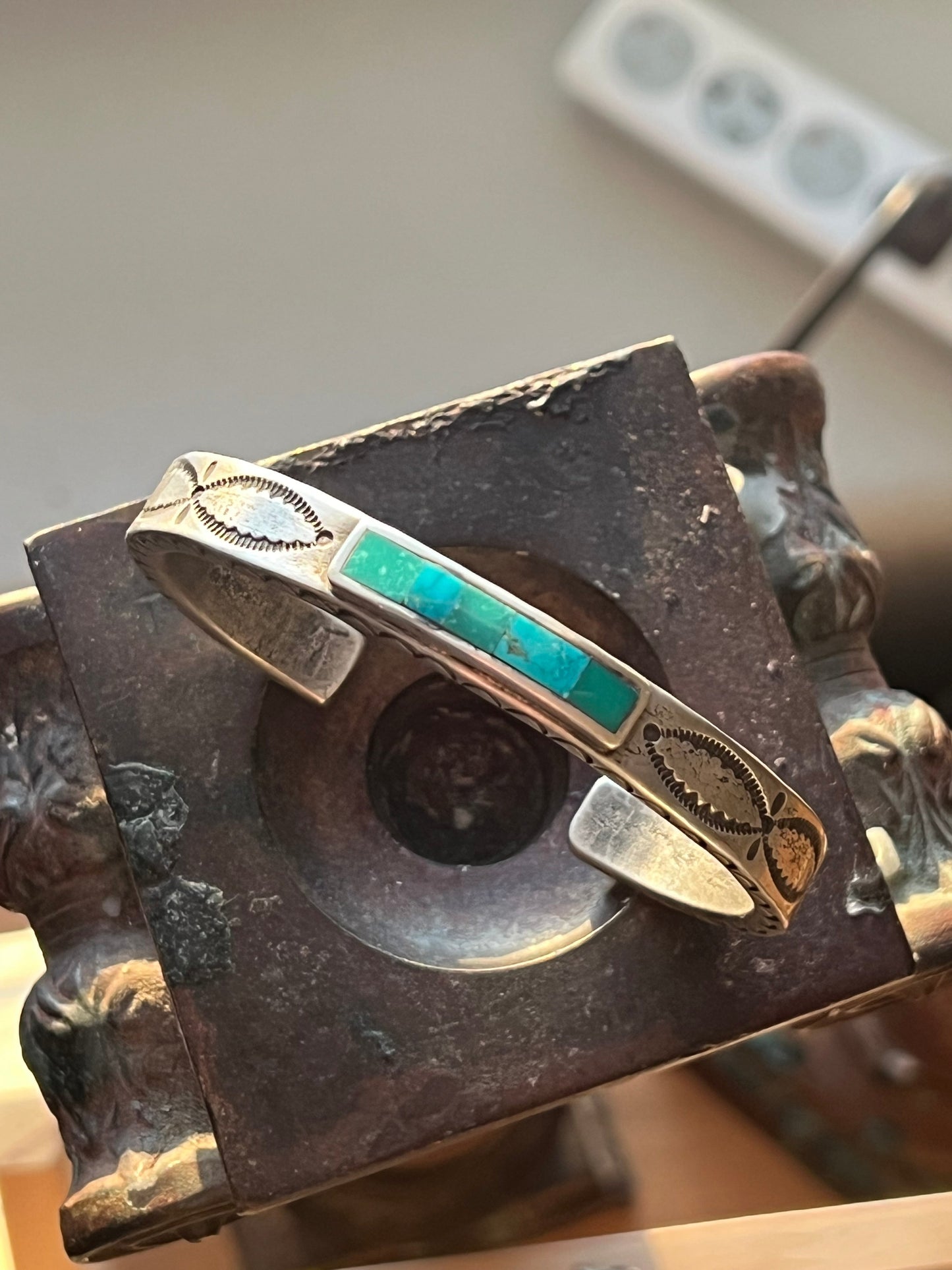 Falcon Trading Company Ingot Coin Silver and Fox Turquoise Inlay Cuff Bracelet by Joe O’Neill