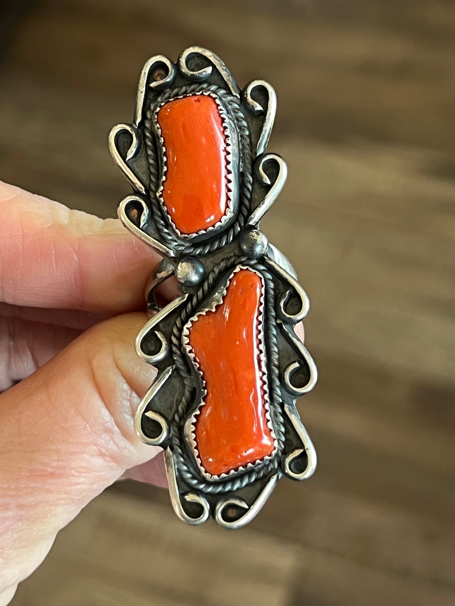 Navajo Stunning Vintage Sterling Silver and Mediterranean Coral Ring, Size 9.5