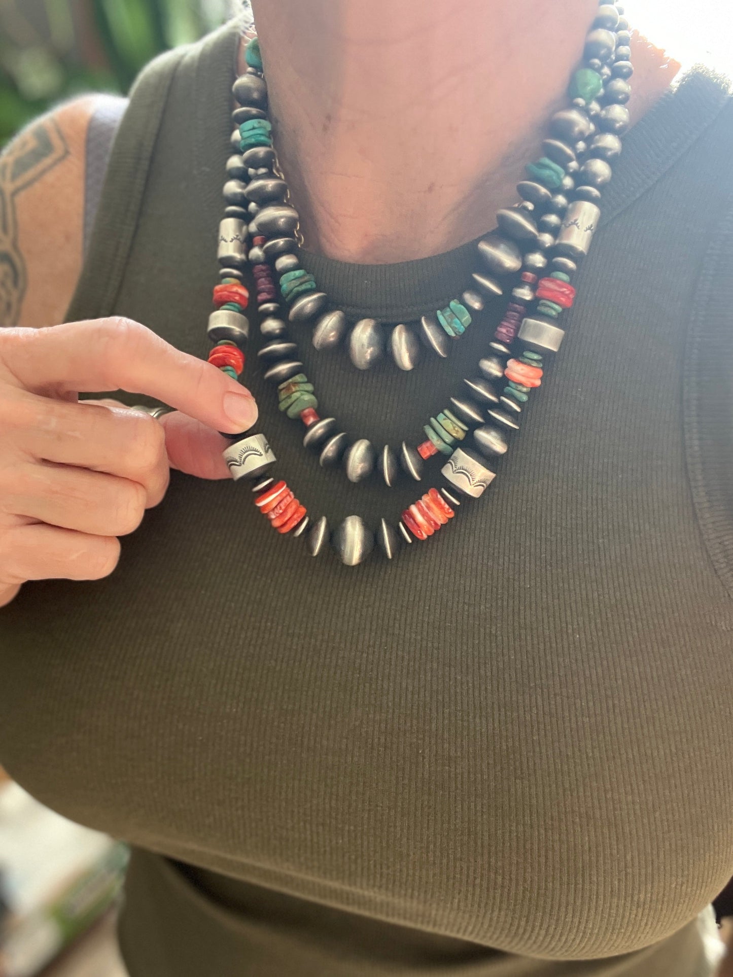 Chunky Sterling Silver, Red Spiny Oyster & Turquoise Single Strand Beaded Necklace by Rose Martin, 20” + 1”