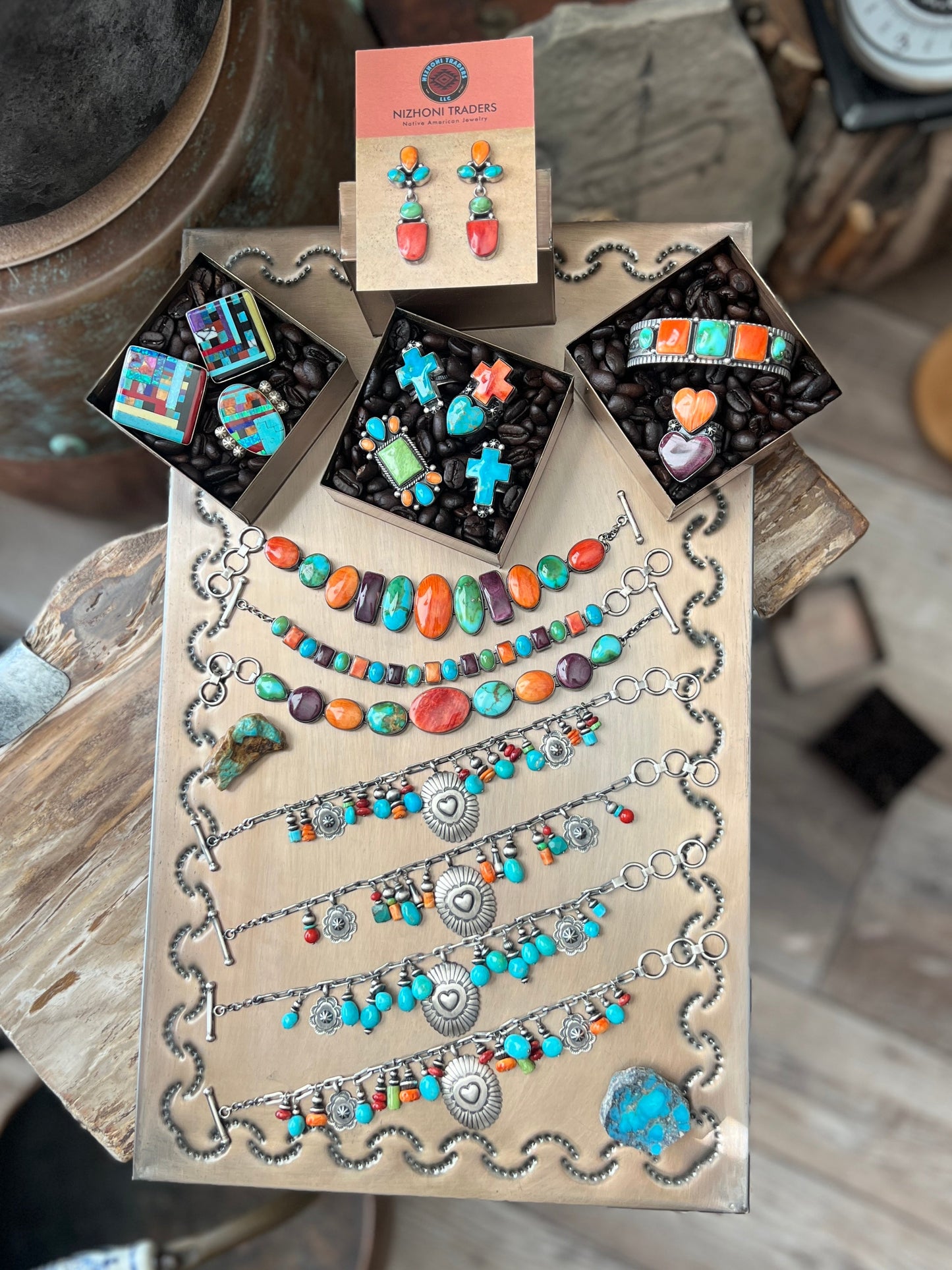 Raymond Coriz Handcrafted Electric Rainbow Sterling Silver Concho & Multistone Beaded Charm Bracelets