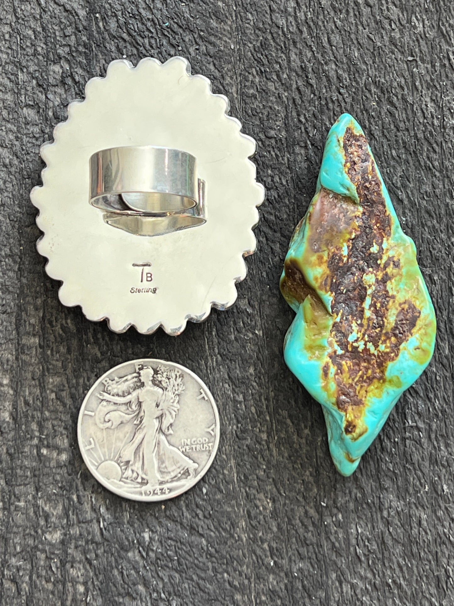 Navajo Sterling Silver, Royston Turquoise and Mediterranean Coral Cluster Ring by Tyler Brown, Adjustable