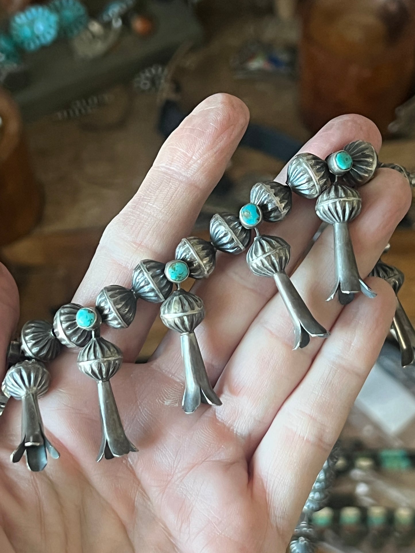 Mid Century Sterling Silver and Turquoise Squash Blossom; Reserved for Leslie B.