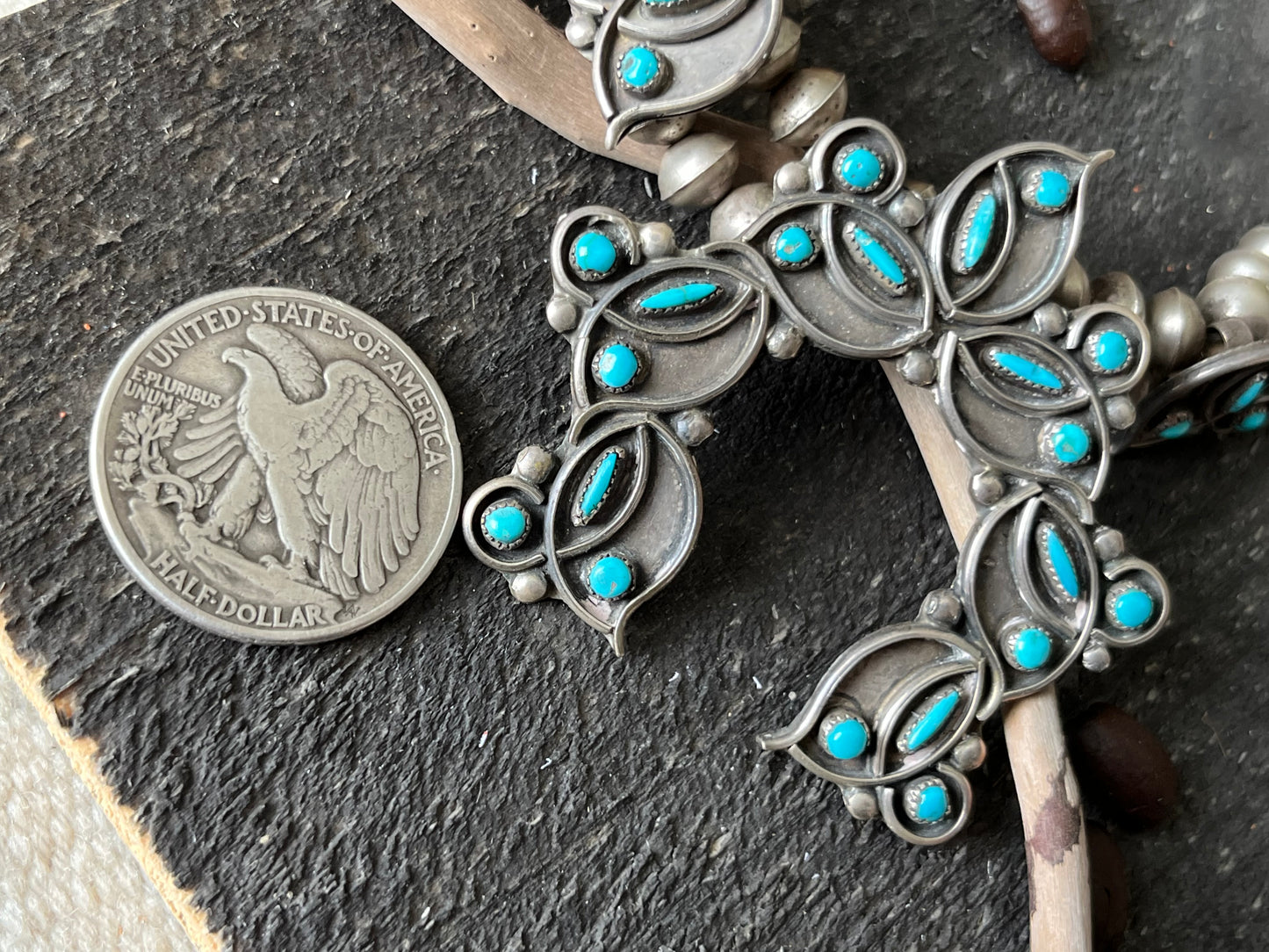 Vintage Unsigned Sterling Silver and Turquoise Squash Blossom, Zuni Style