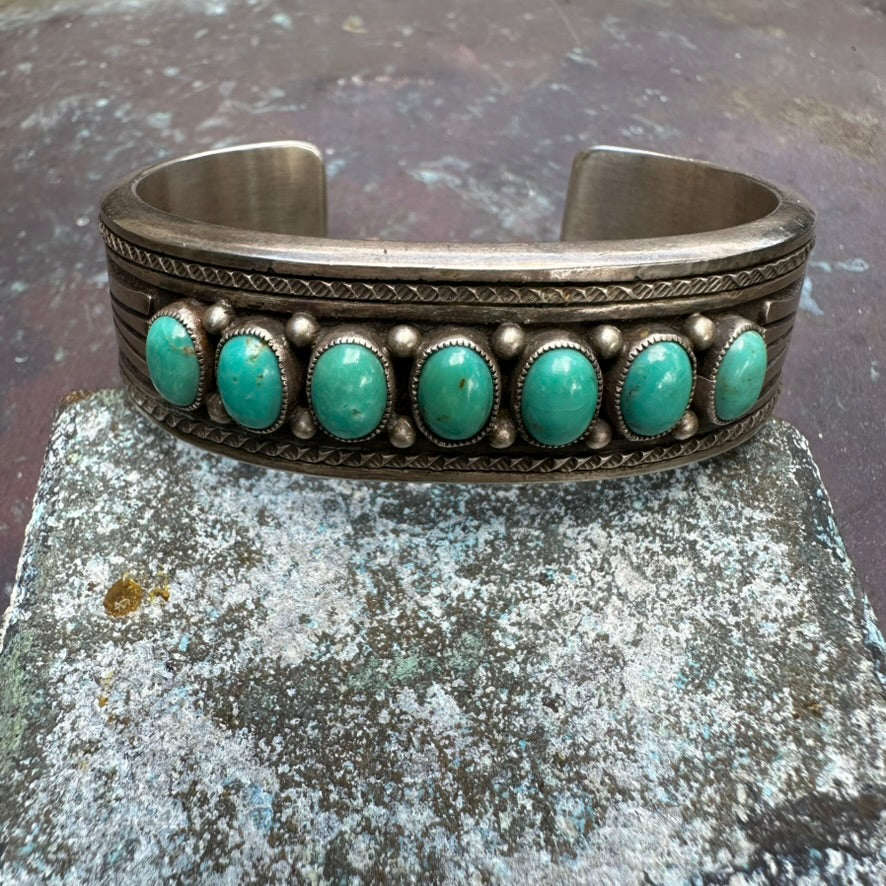 Navajo Made Sterling Silver and Turquoise Heavy Gauge Cuff Bracelet by Calvin Martinez