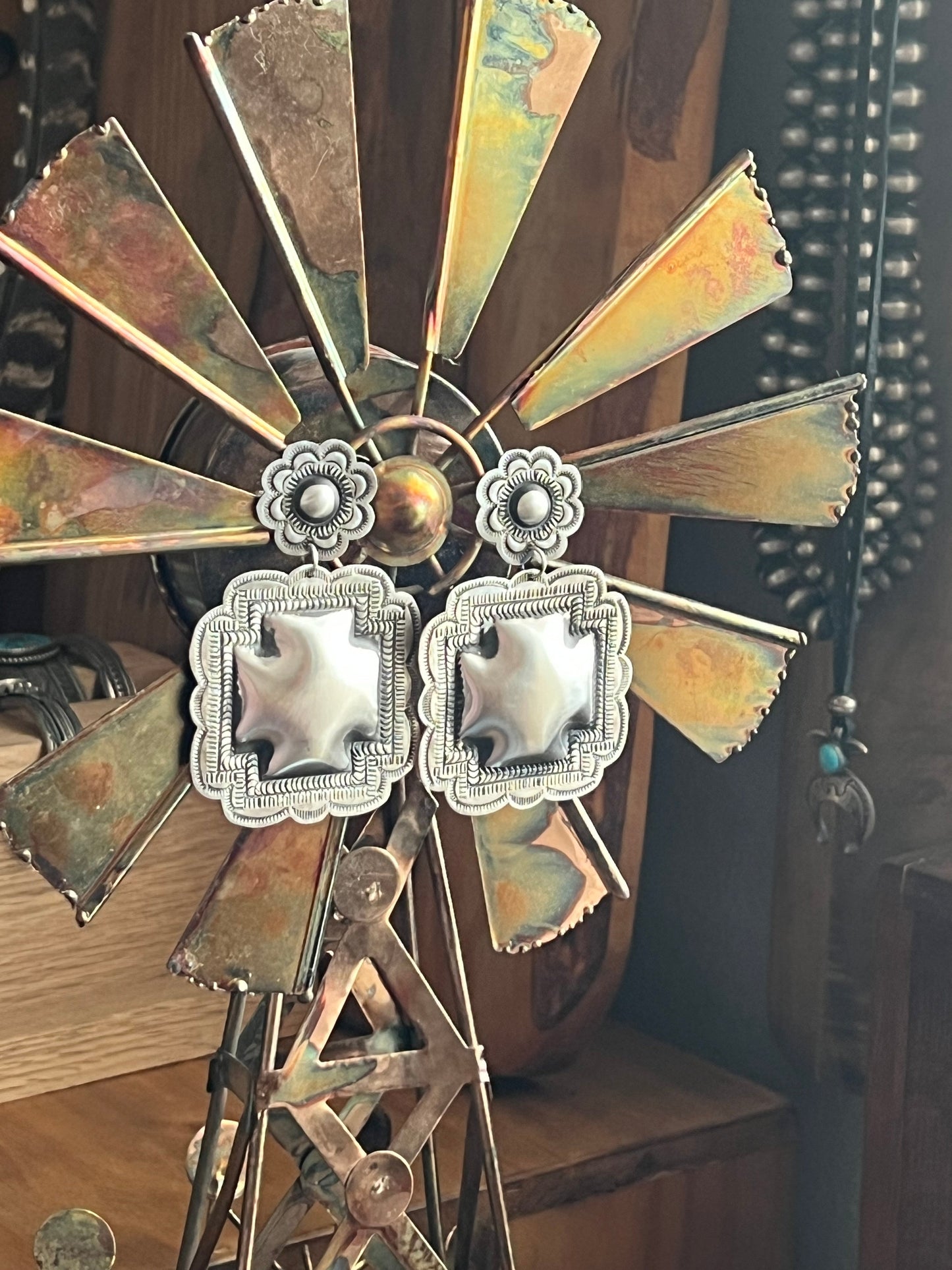 Handmade Navajo Sterling Silver Stamped Repousse Santa Fe Cross Earrings by Leander Tahe, C3