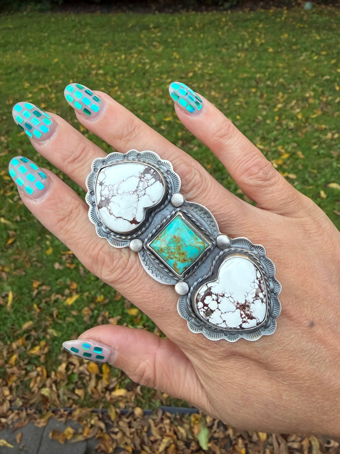 Rosella Paxson Triple Stone Sterling Silver Ring with Wild Horse Magnesite Hearts and Square Turquoise, Sz 9