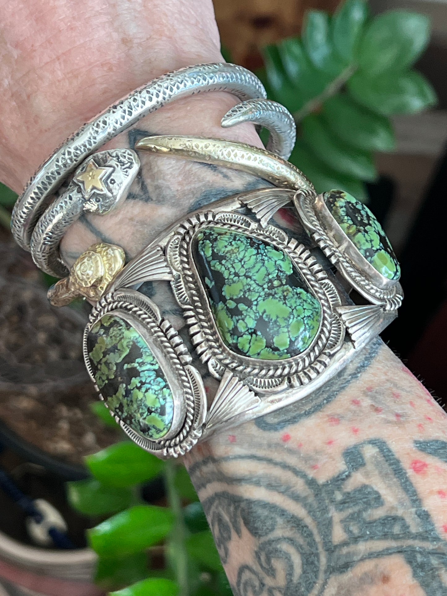 Vintage Sterling Silver and Three Stone Turquoise Cuff Bracelet by Will Denetdale