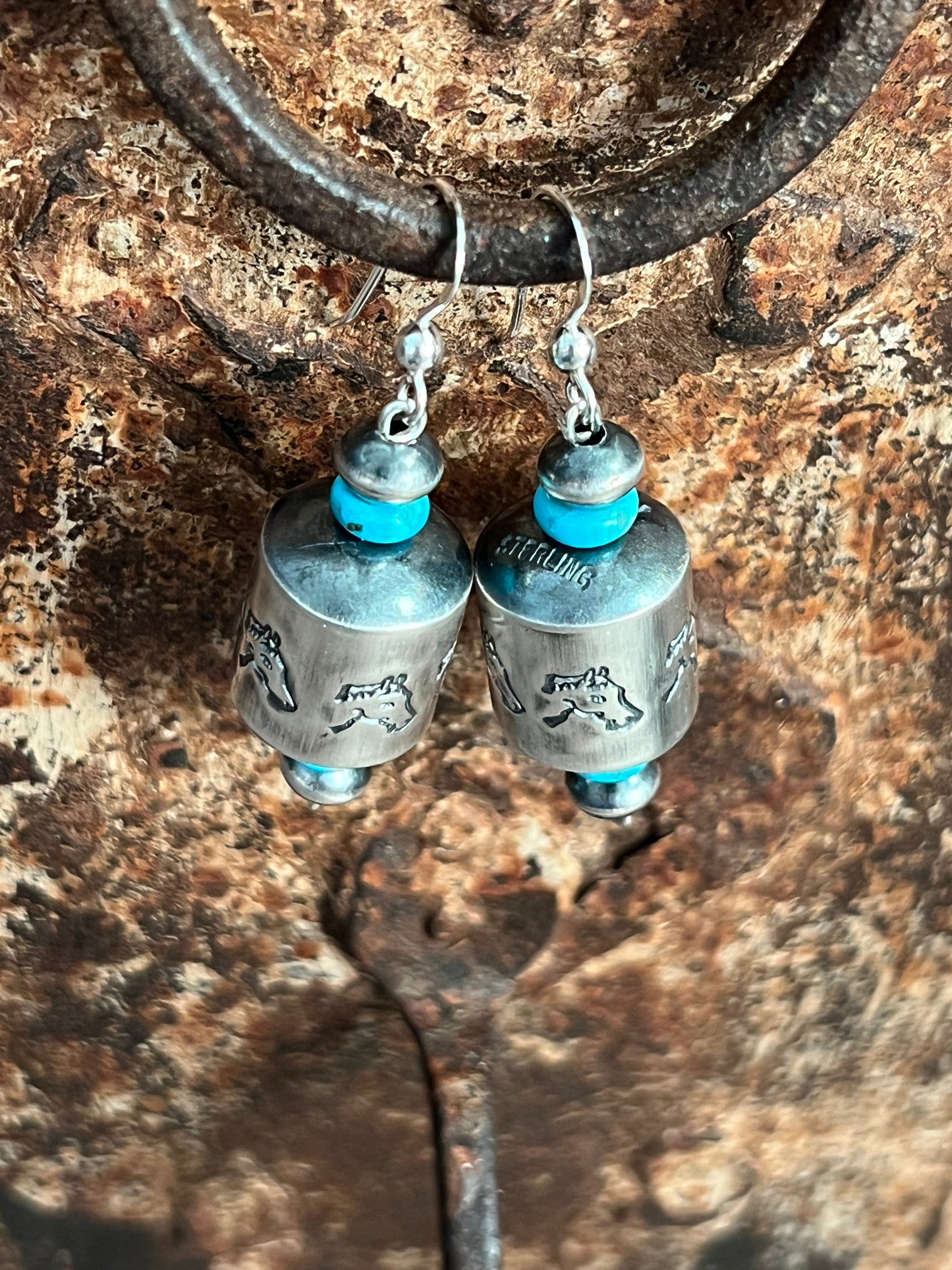 Navajo Sterling Silver and Turquoise Handmade Barrel Bead Earrings by Preston Haley