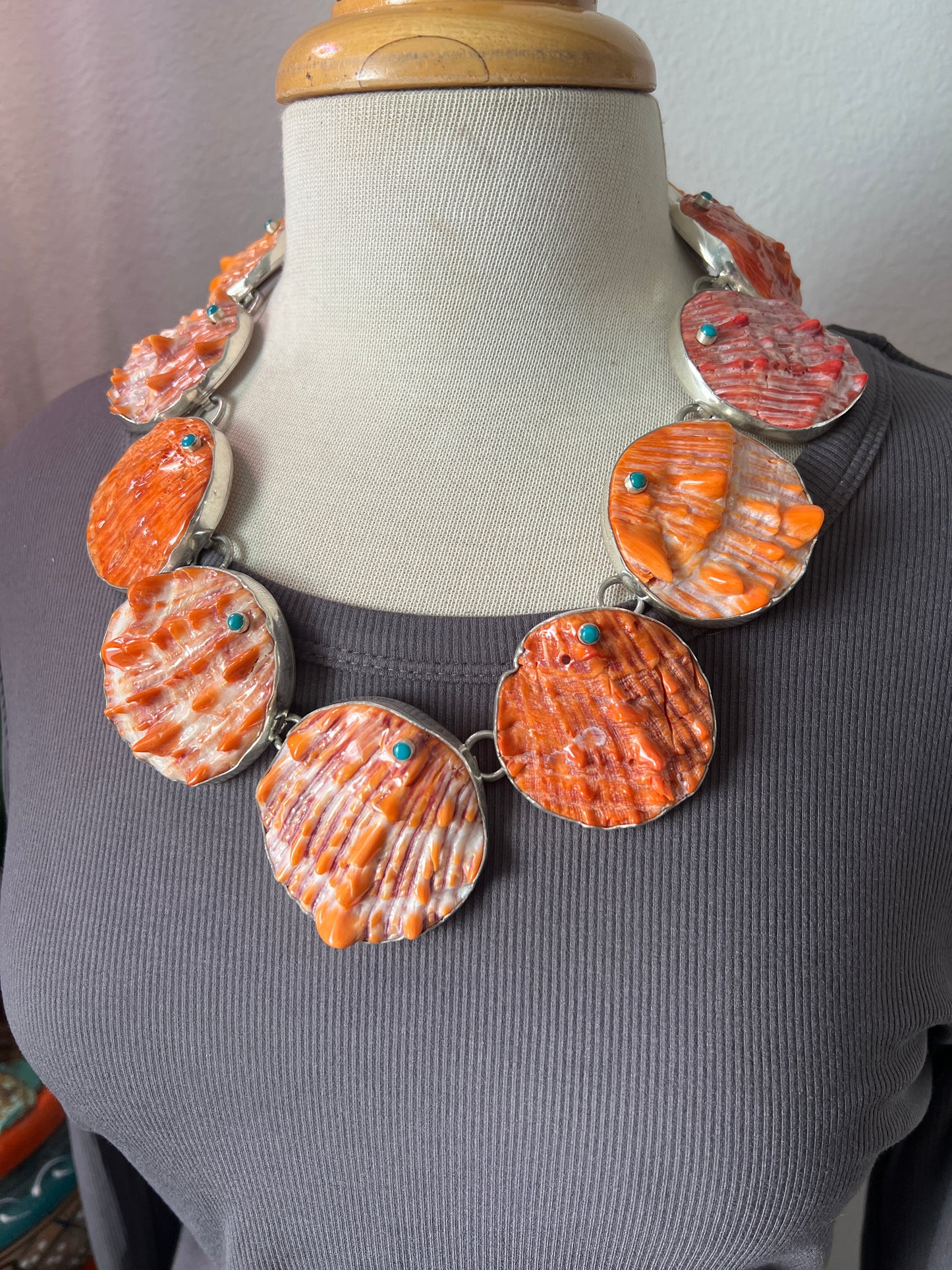 Stunning Sterling Silver, Spiny Oyster Shell and Turquoise Statement Necklace by Federico Jimenez