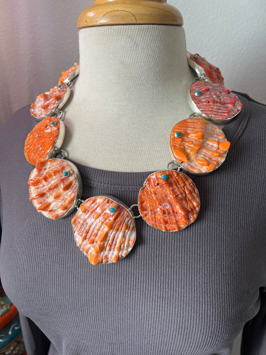 Stunning Sterling Silver, Spiny Oyster Shell and Turquoise Statement Necklace by Federico Jimenez