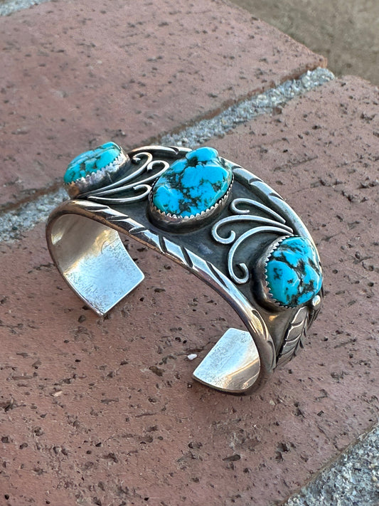 Estate Collection Old Pawn Navajo Sterling Silver & Natural Kingman Turquoise Cuff Bracelet