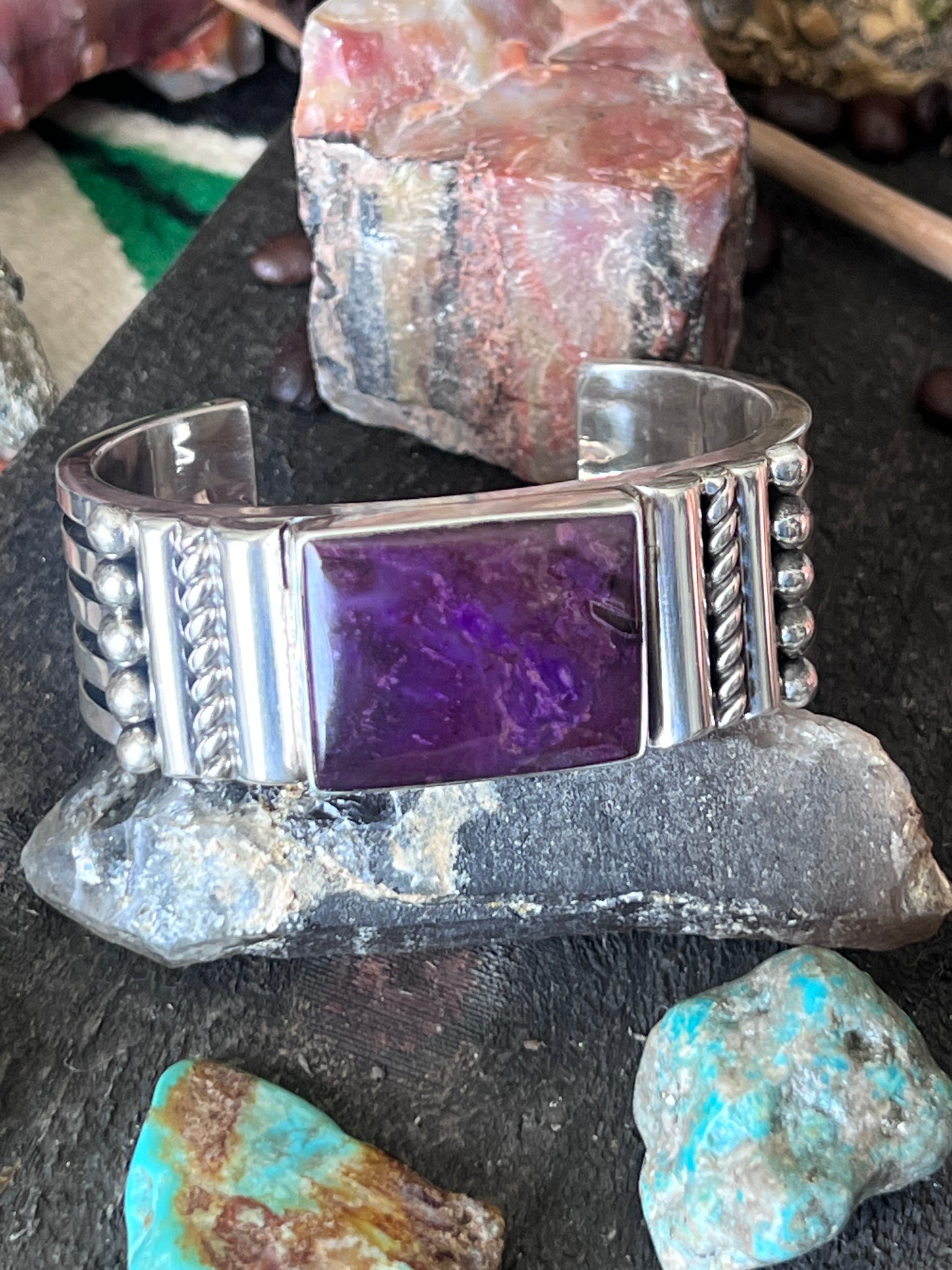 Hefty Sterling Silver and Sugilite Cuff Bracelet by Navajo Artist, Alfred Lee Sr.