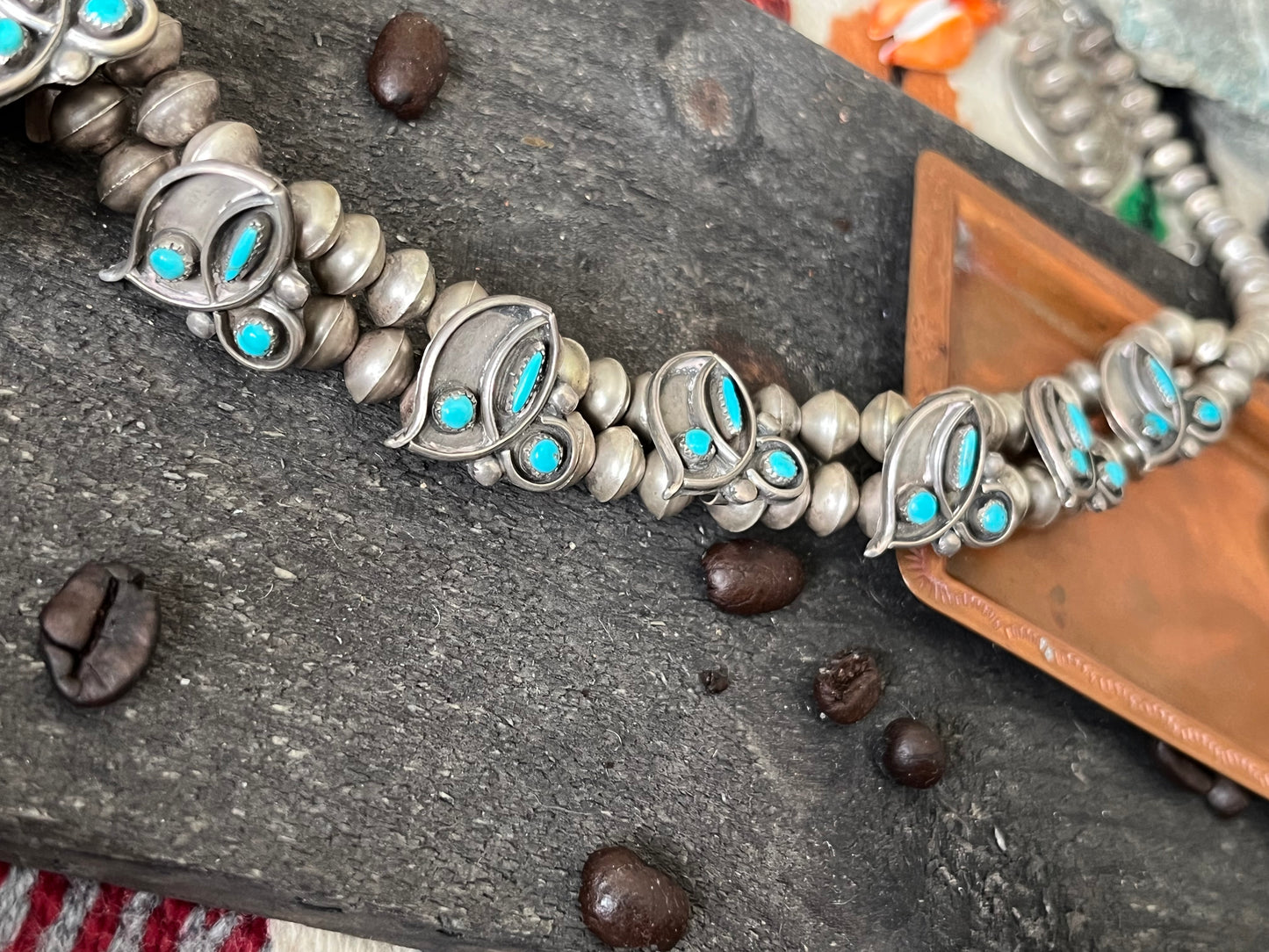 Vintage Unsigned Sterling Silver and Turquoise Squash Blossom, Zuni Style