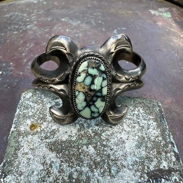 Navajo Made Sterling Tufa Cast Variscite Cuff Bracelet by Reggie Mitchell