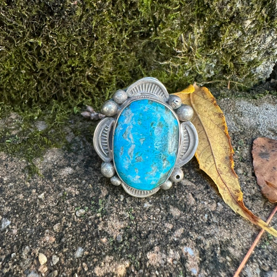 Vintage Navajo Sterling Silver and Blue Turquoise Ring Signed by Albert Cleveland