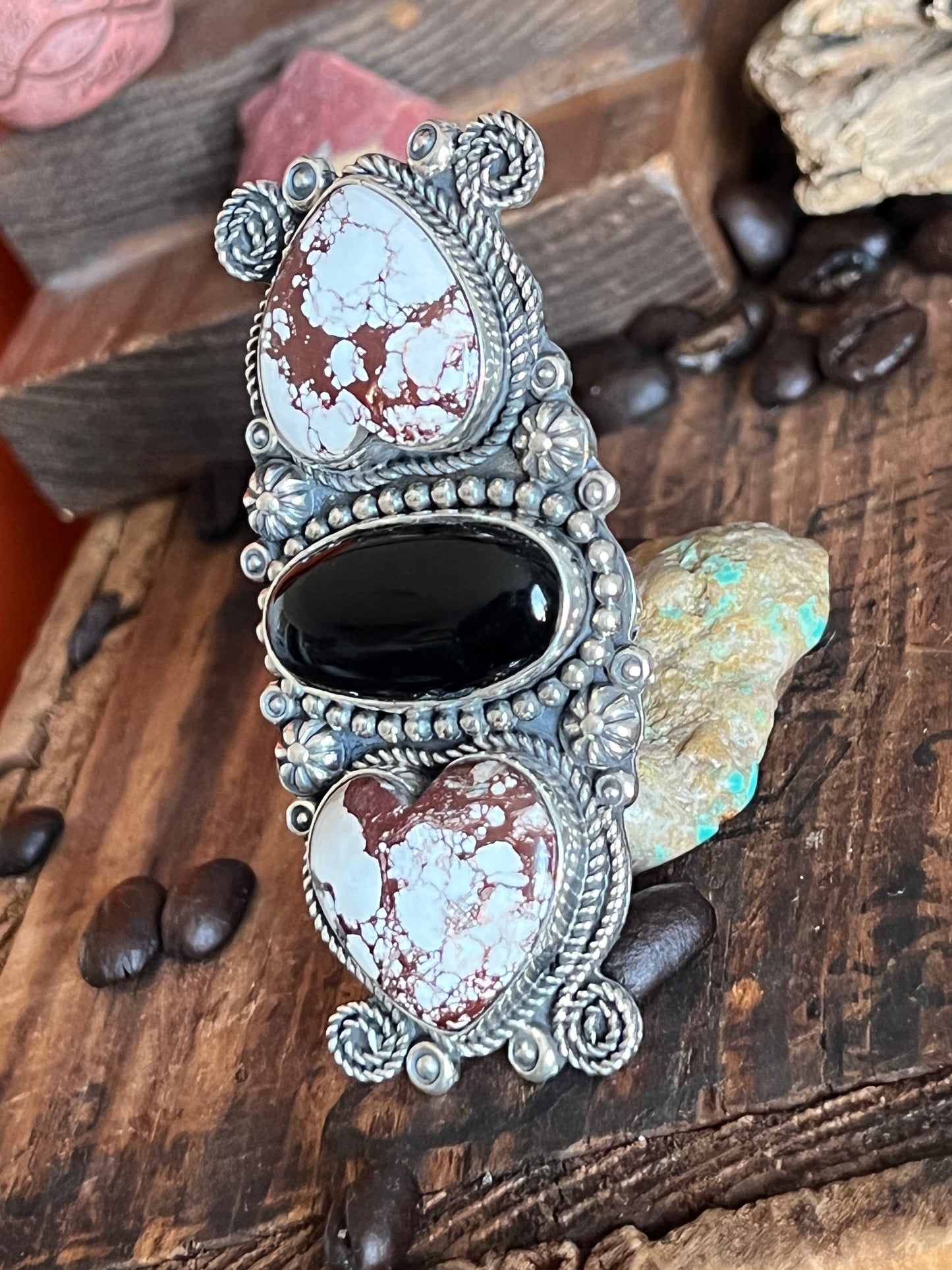 Rosella Paxson Triple Stone Sterling Ring with Wild Horse Magnesite Hearts and Oval Onyx, Sz 9-1/4