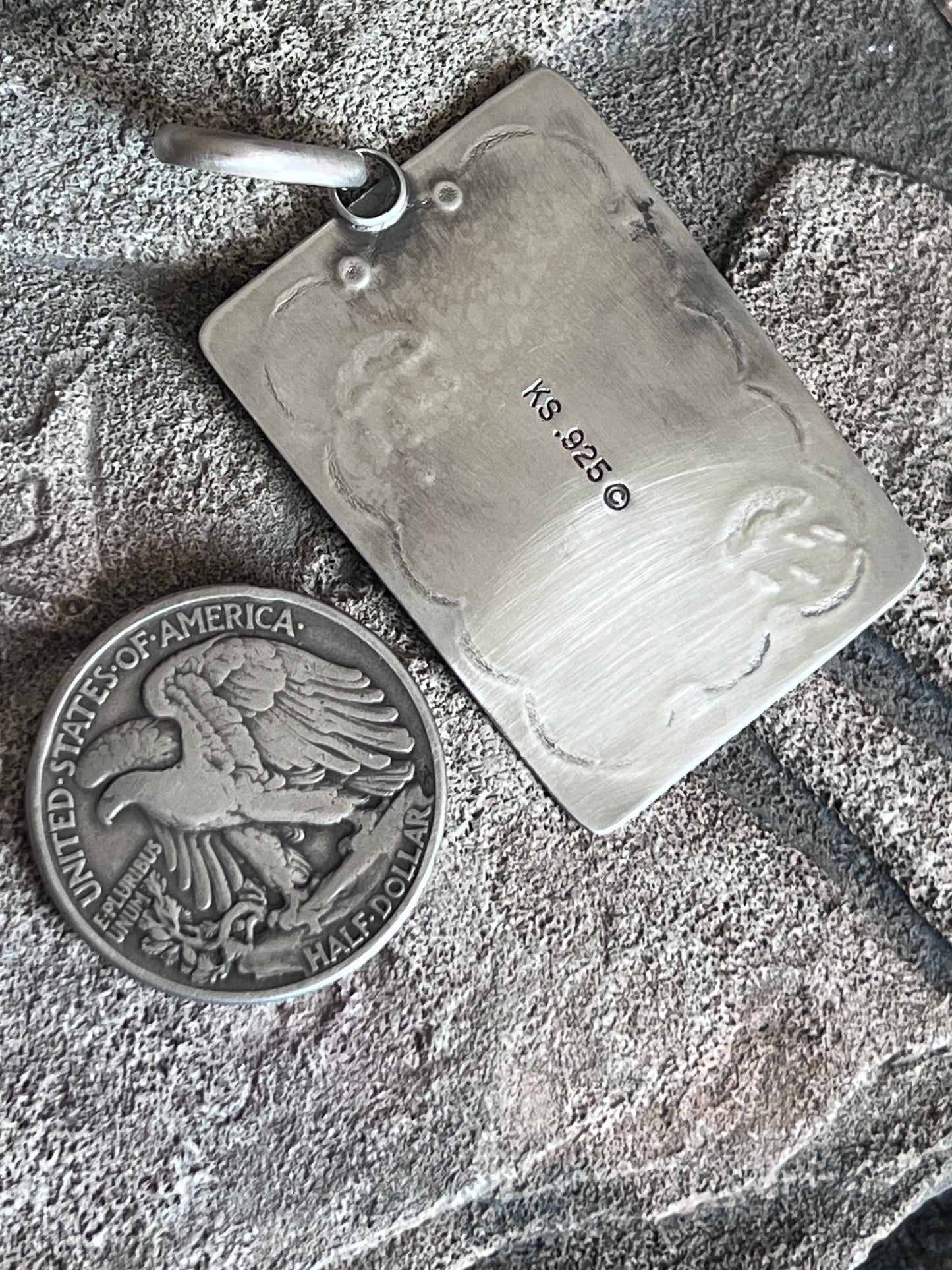 Hand Stamped Sterling Silver Fred Harvey Era Inspired Double Lightning Strike Tag Pendant by Kimari Somers