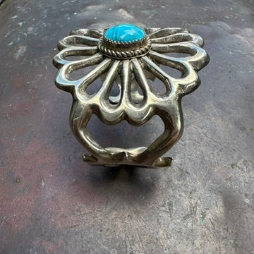 Vintage Cast Sterling Silver Turquoise Flower Cuff Bracelet, Signed RM