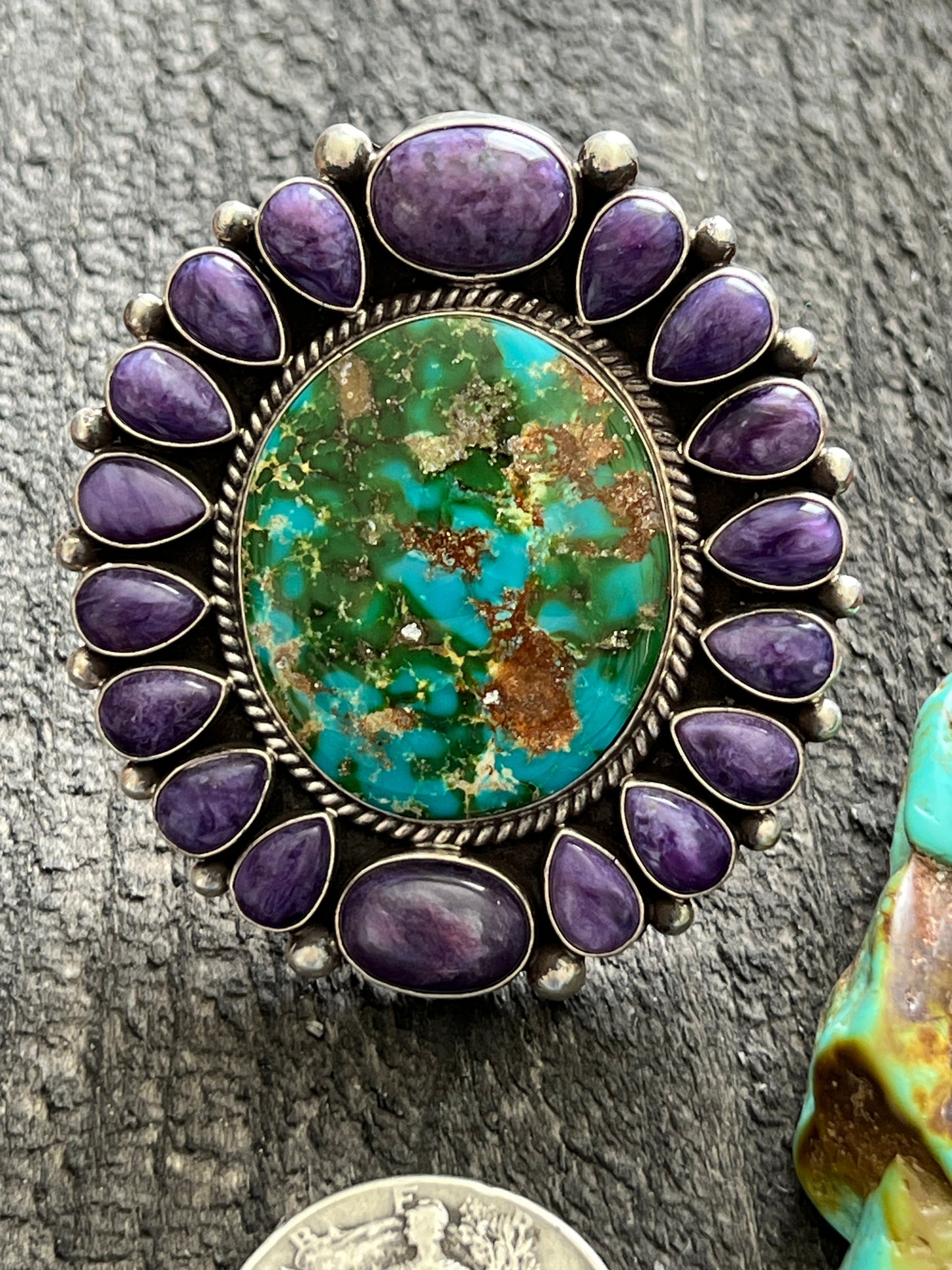 Navajo Sterling Silver, Sonoran Turquoise and Charoite Cluster Ring by Tyler Brown: Adjustable
