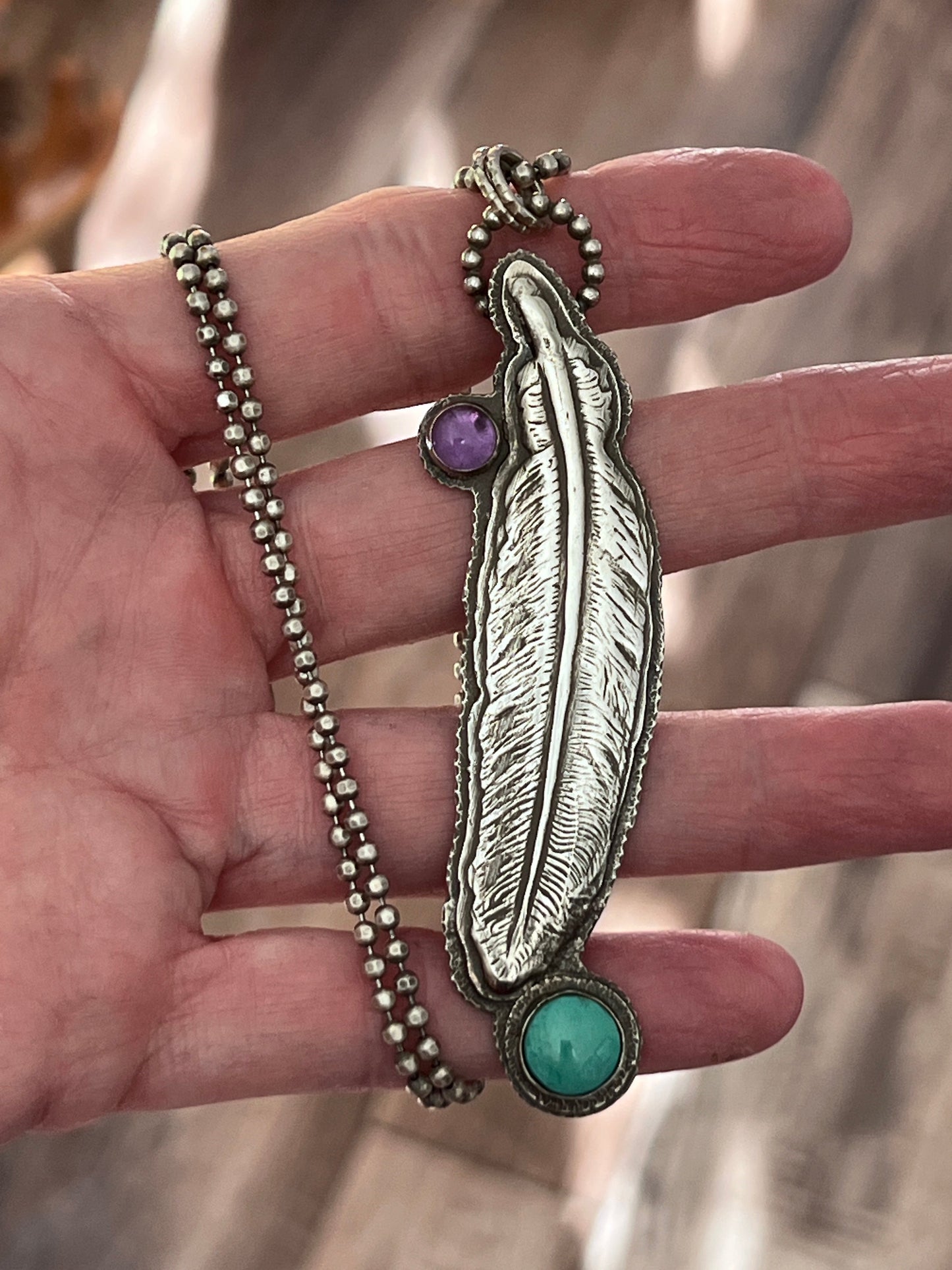 Tularosa Sterling Silver, Turquoise & Amethyst Feather Necklace
