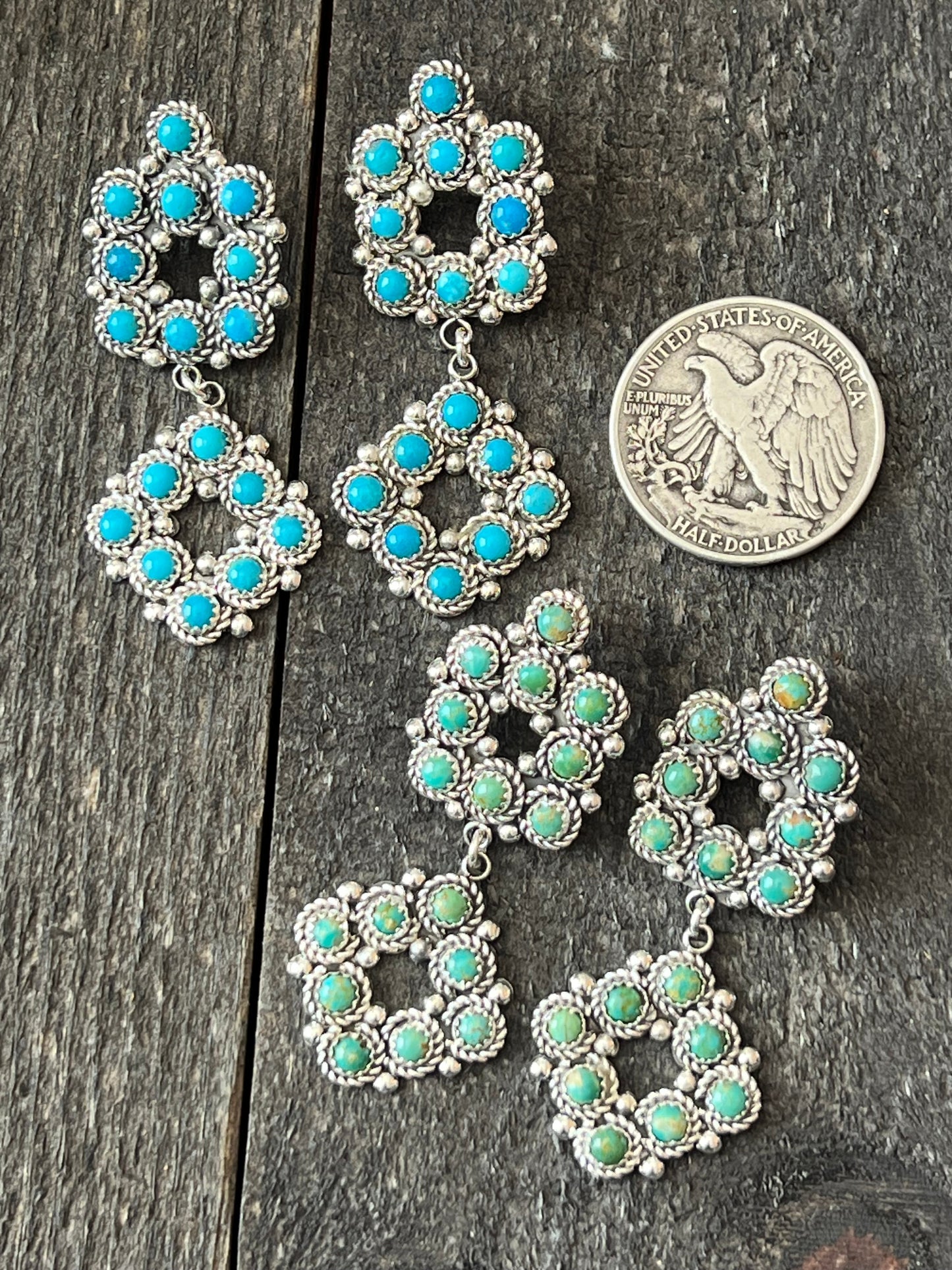 Zuni Sterling Silver and Snake Eye Turquoise Cluster Earrings by Dillon Cheama