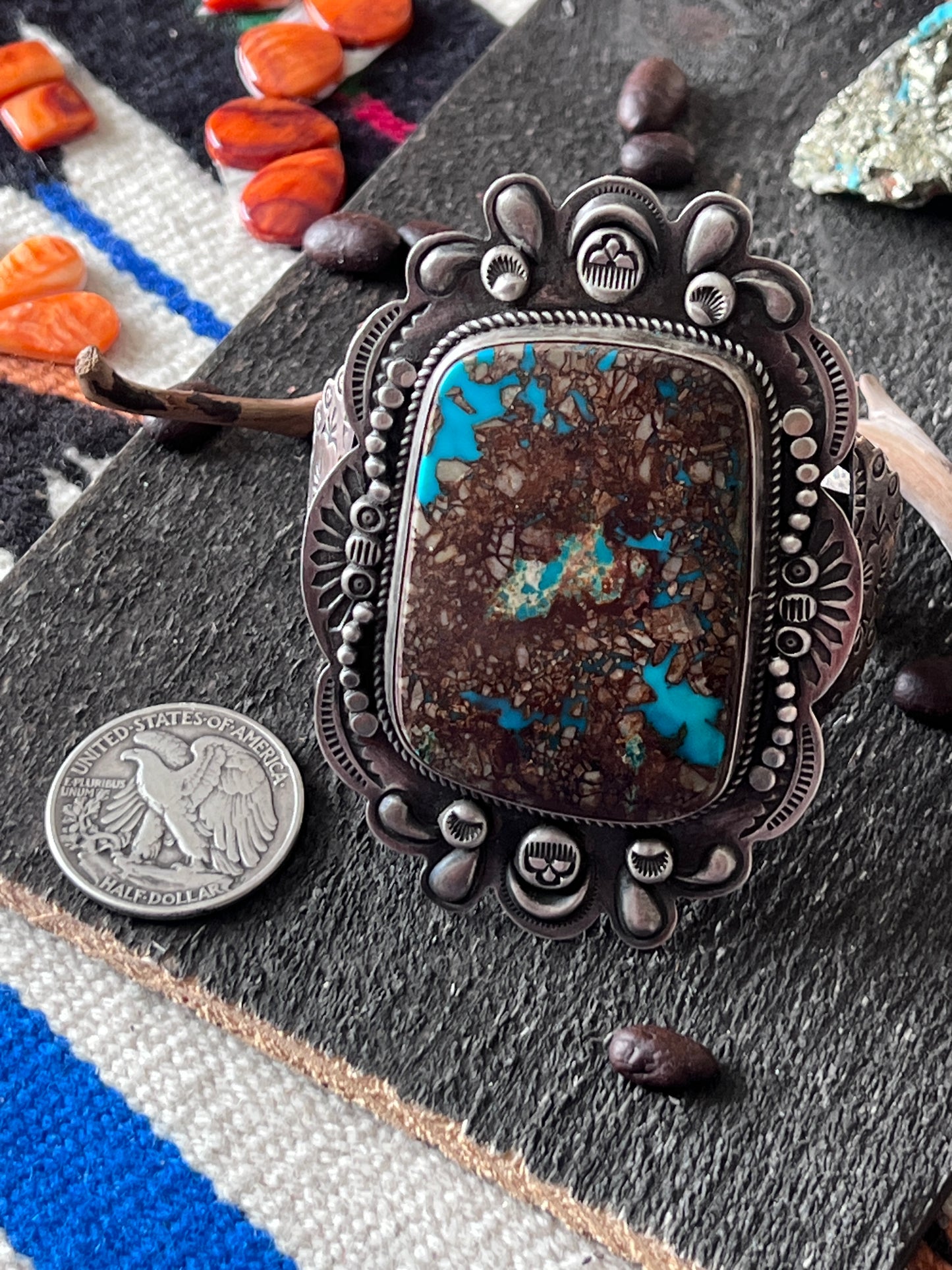 Chunky Dean Sandoval Sterling Silver and Pilot Mountain Turquoise Thunderbird Cuff Bracelet