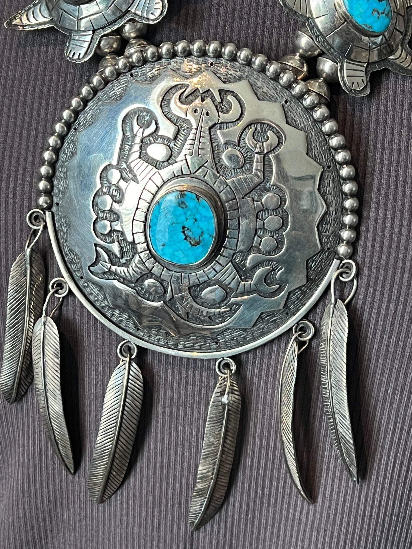 Vintage Sterling silver and Turquoise Turtle Themed Squash Blossom Style Necklace