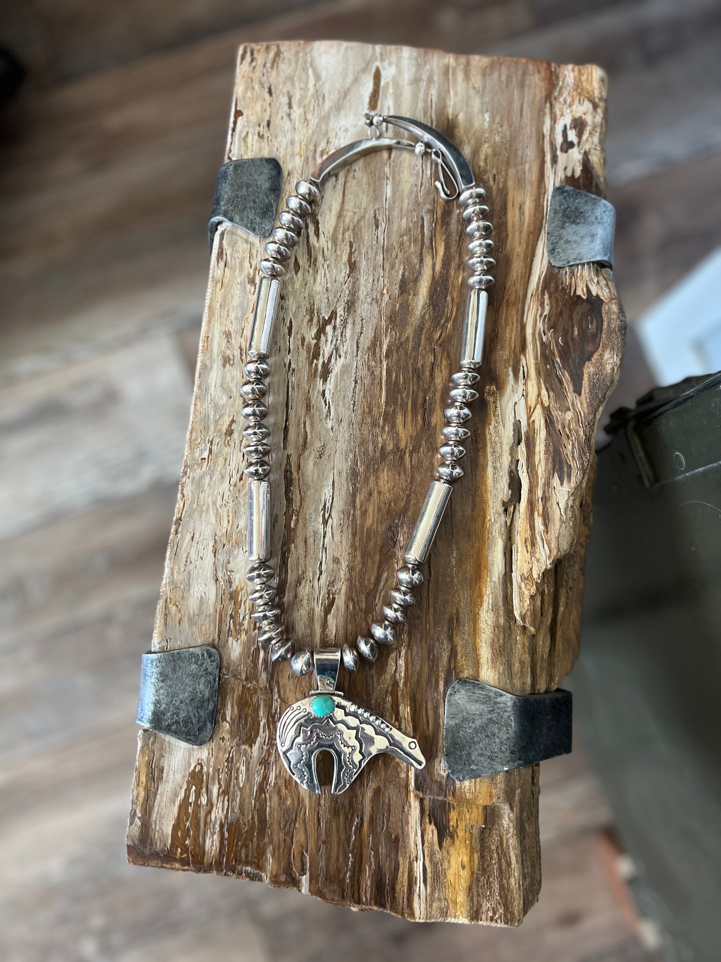 Handcrafted Sterling Silver Beaded Necklace with Bear Pendant, Signed Allan B.