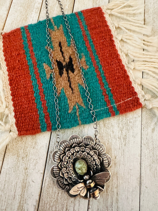Navajo Sterling Silver and Turquoise Sunflower Necklace with Bee by Russell Sam