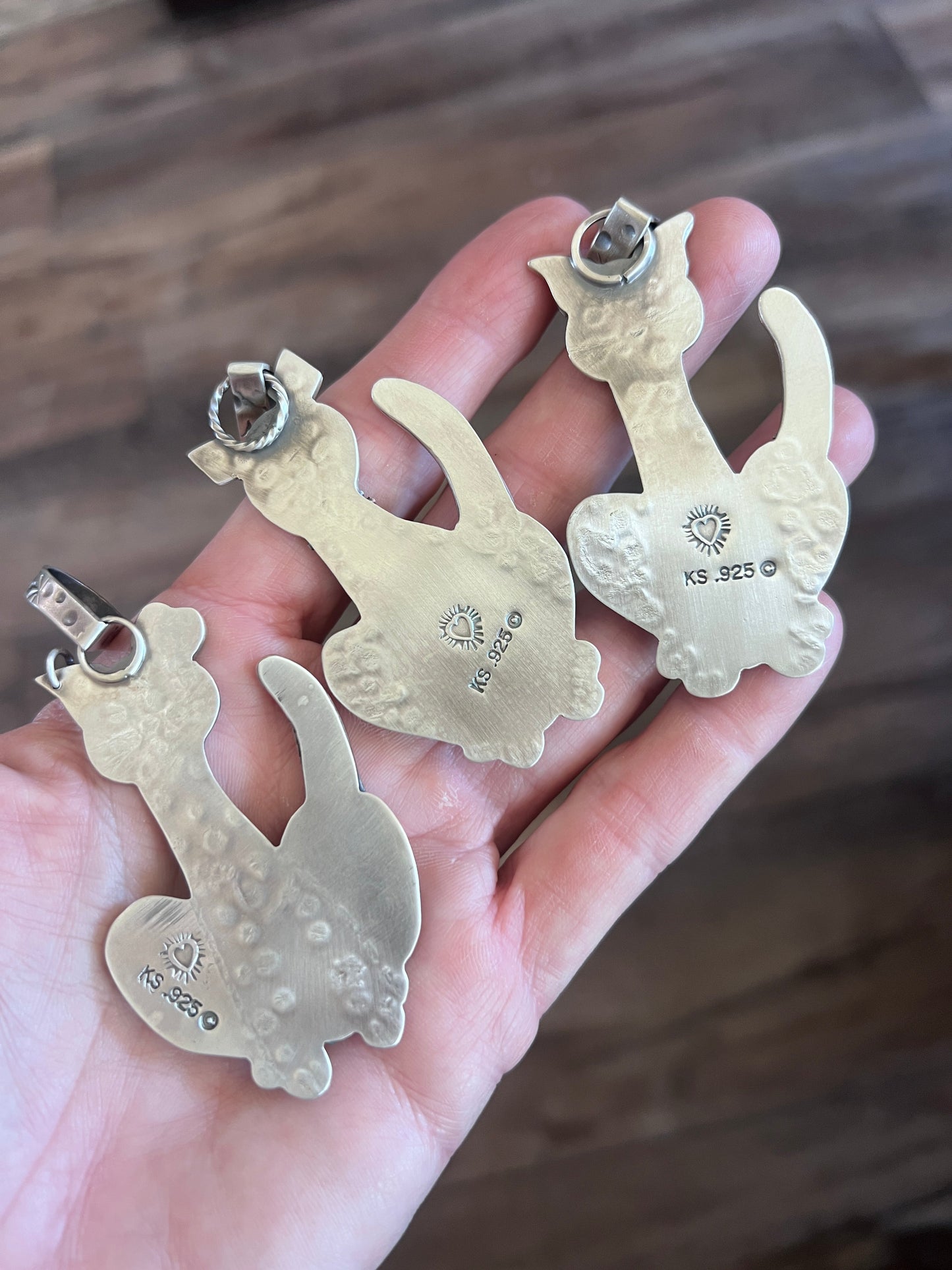 The Kimi-Cats: Hand Stamped and Layered Sterling Silver, Brass, Copper, Turquoise & Spiny Oyster Cat Pendants by Kimari Somers