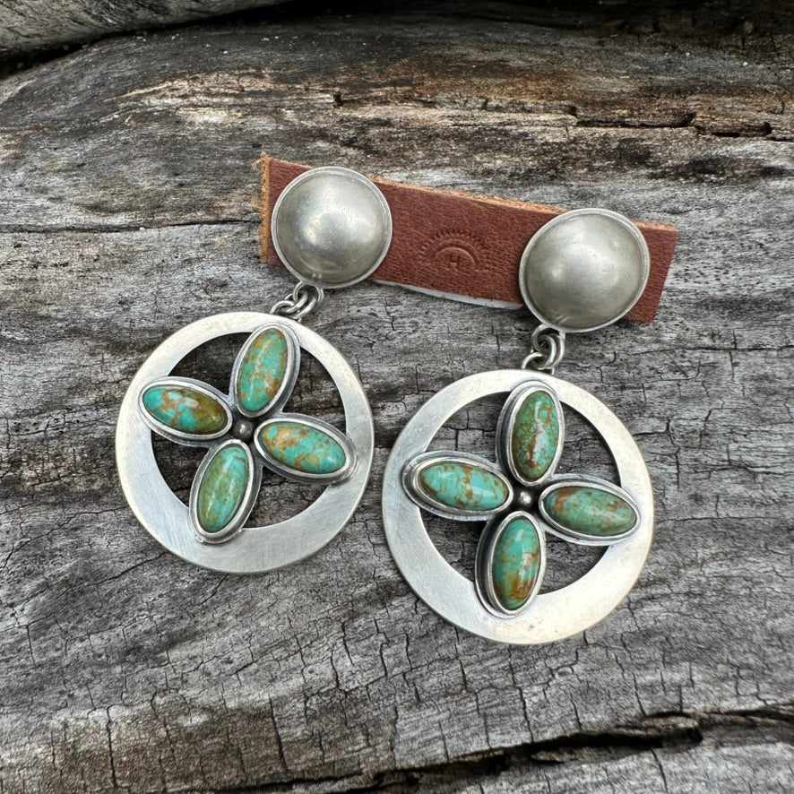 Artisan Made Sterling Silver and Green Turquoise Four Directions Earrings by Dennis Hogan