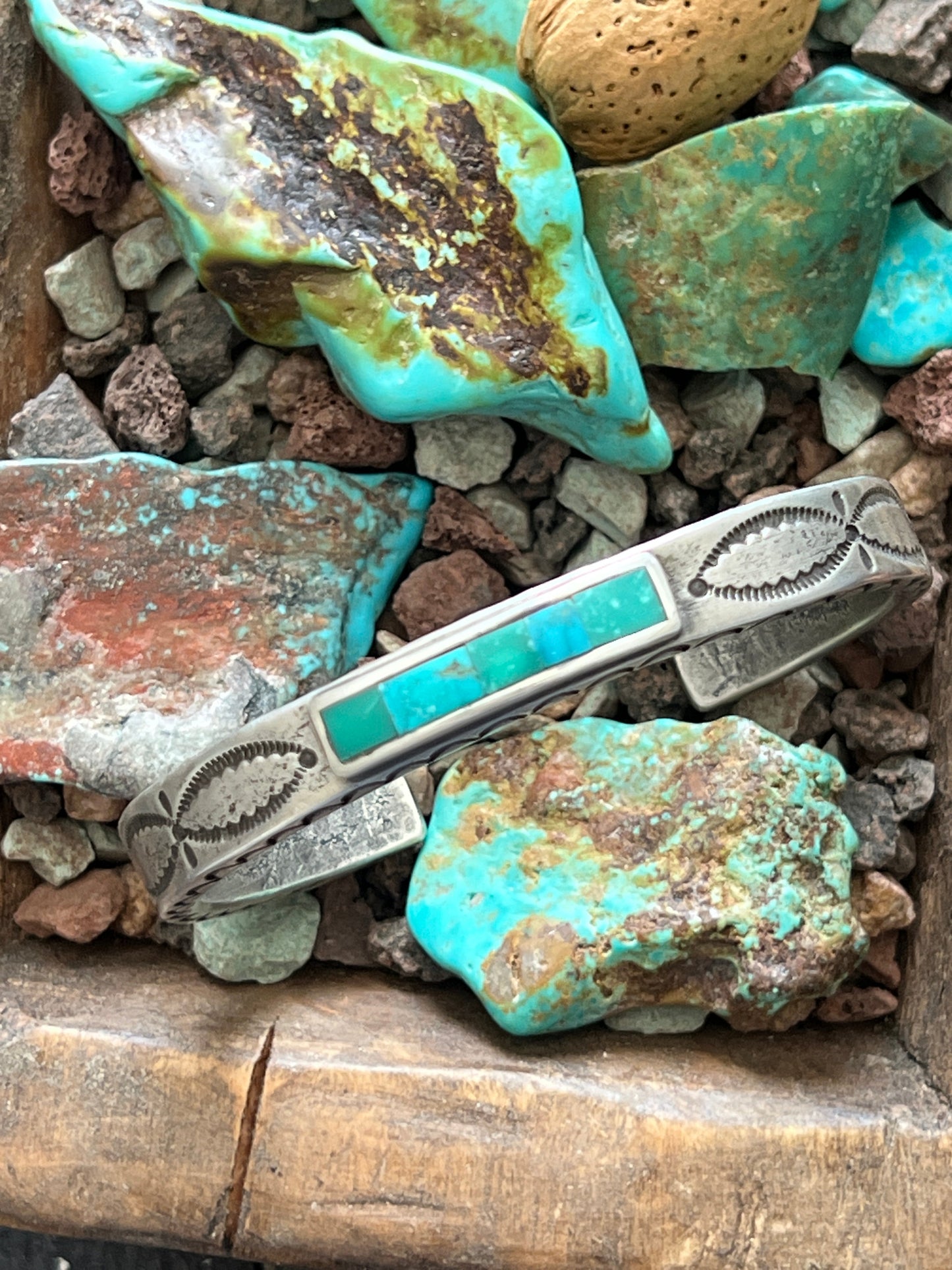 Falcon Trading Company Ingot Coin Silver and Fox Turquoise Inlay Cuff Bracelet by Joe O’Neill