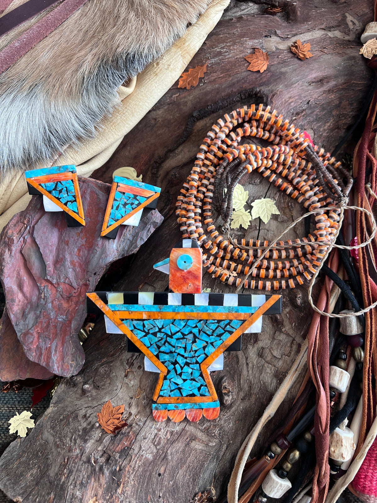 Warren Nieto Inlay Turquoise and Spiny Oyster Thunderbird  Necklace & Earrings Set