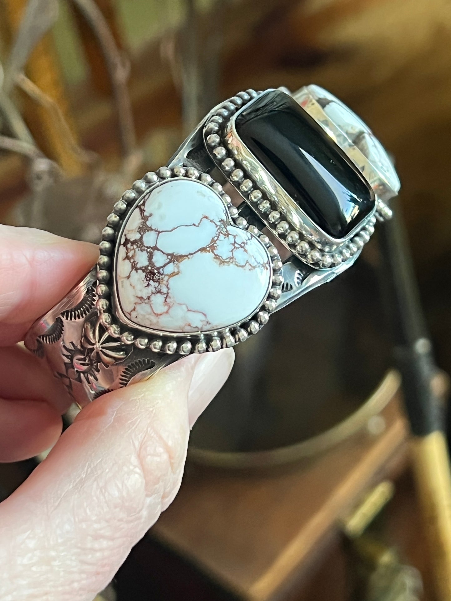 Rosella Paxson Sterling Silver Cuff with Wild Horse Magnesite Hearts and Rectangular Onyx