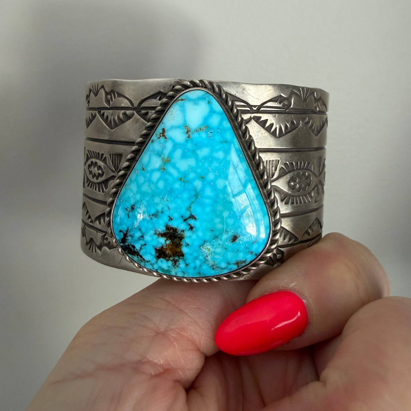 Navajo Made Wide Sterling Silver and Turquoise Teardrop Cuff Bracelet Signed R.E.