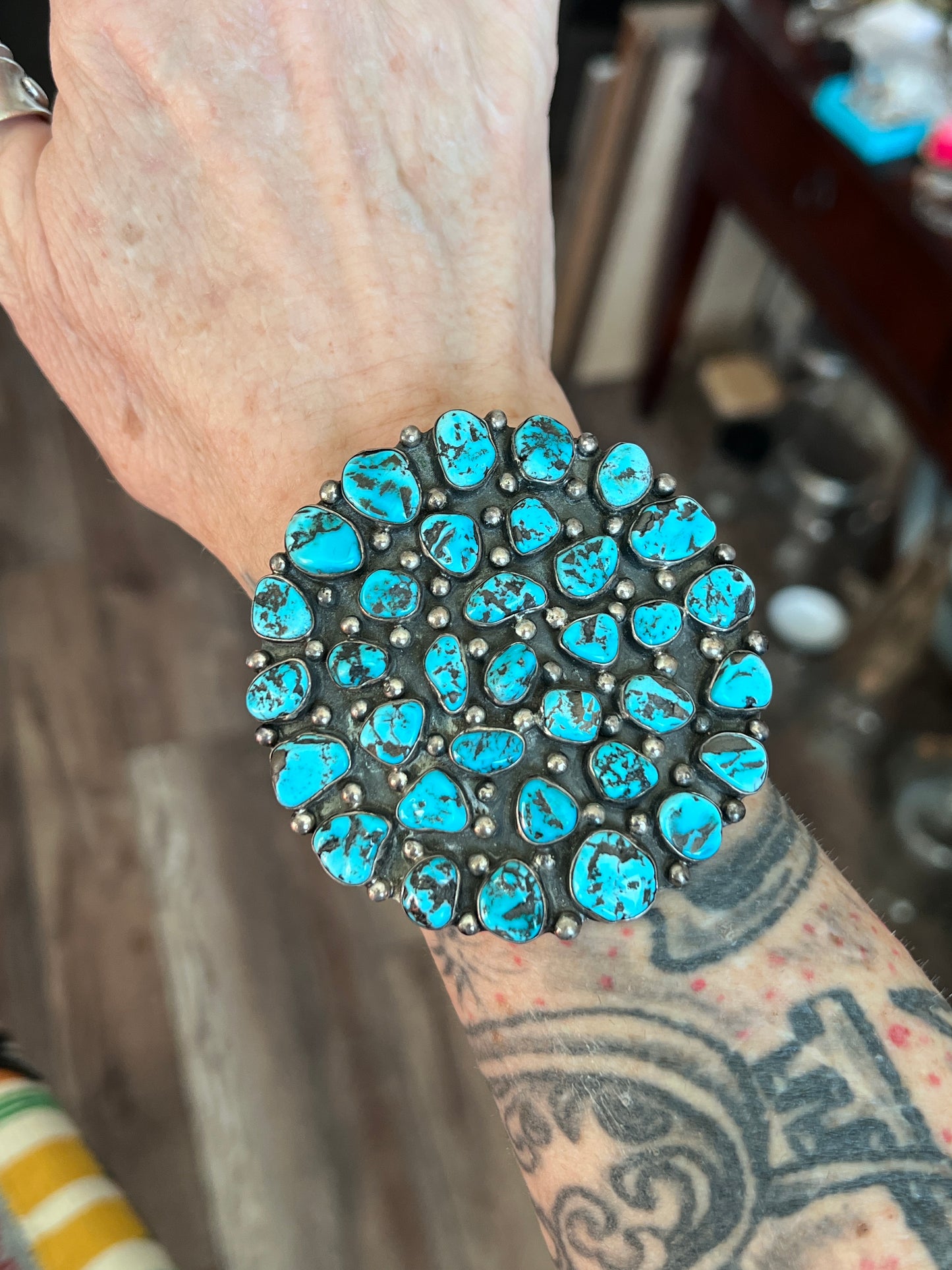 Vintage Sterling Silver and Kingman Nugget Turquoise Cluster Cuff Bracelet