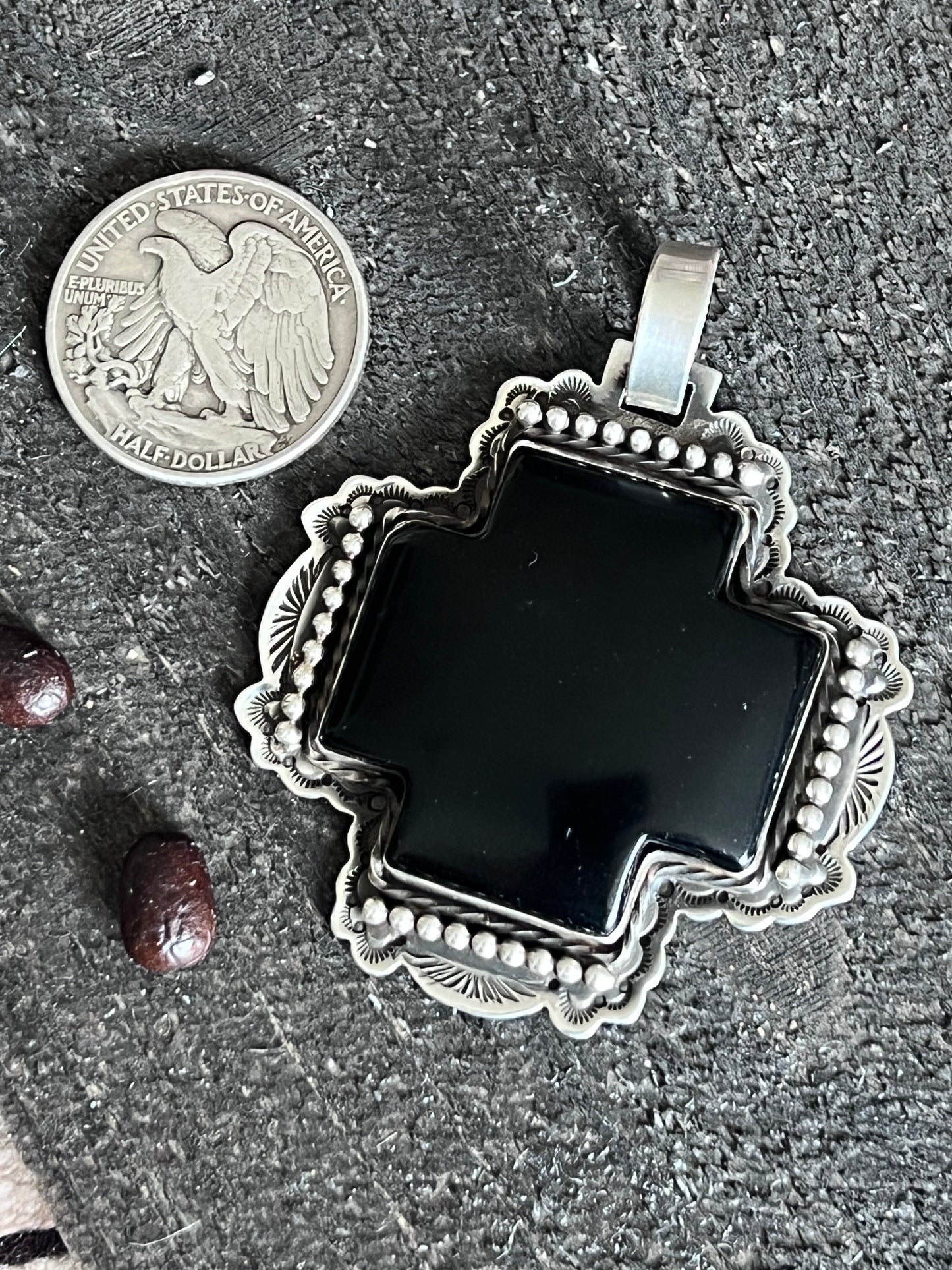 Hand Stamped Sterling Silver & Black Marble Santa Fe Cross Pendant by Kimari Somers