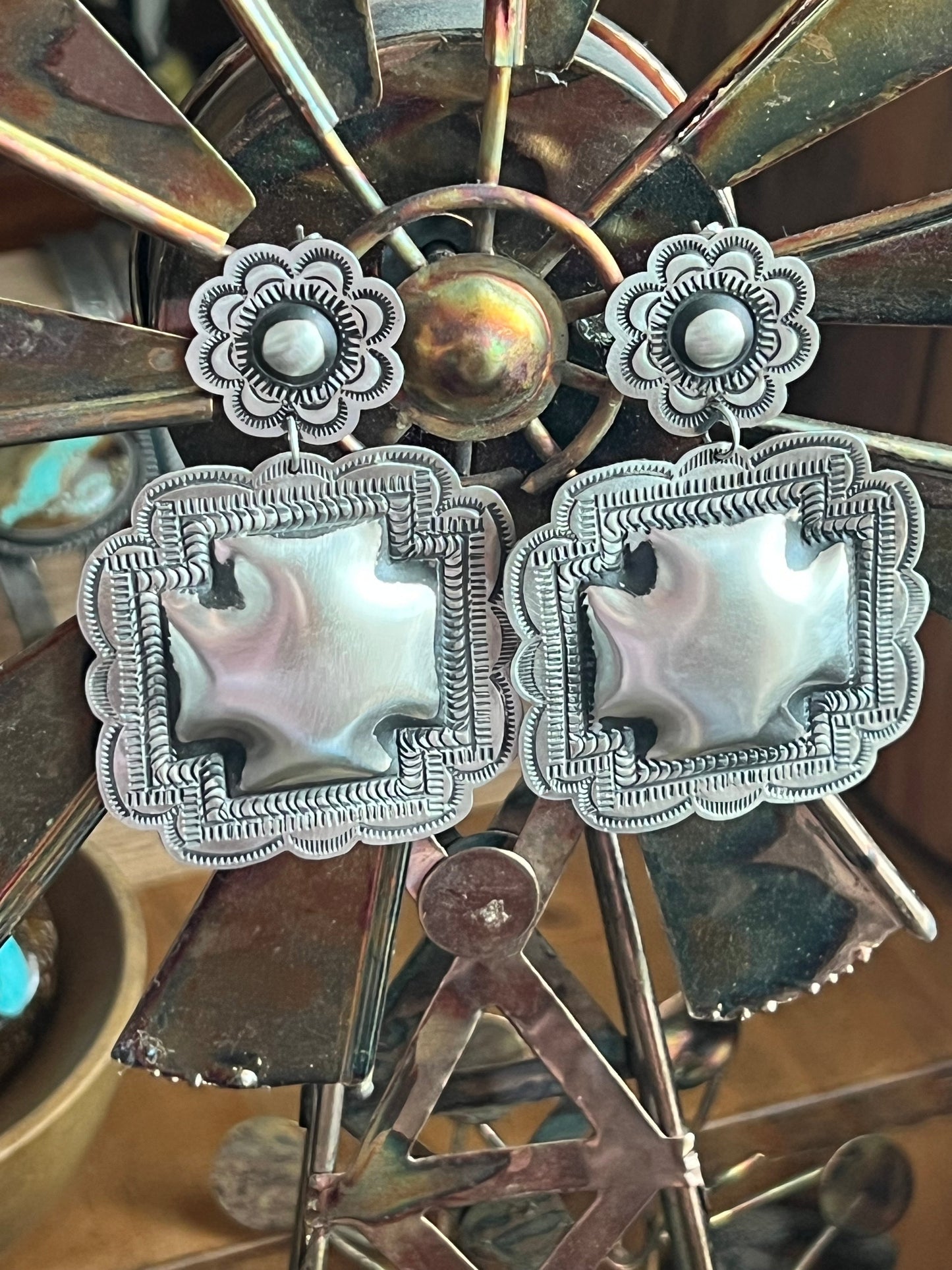 Handmade Navajo Sterling Silver Stamped Repousse Santa Fe Cross Earrings by Leander Tahe, C3