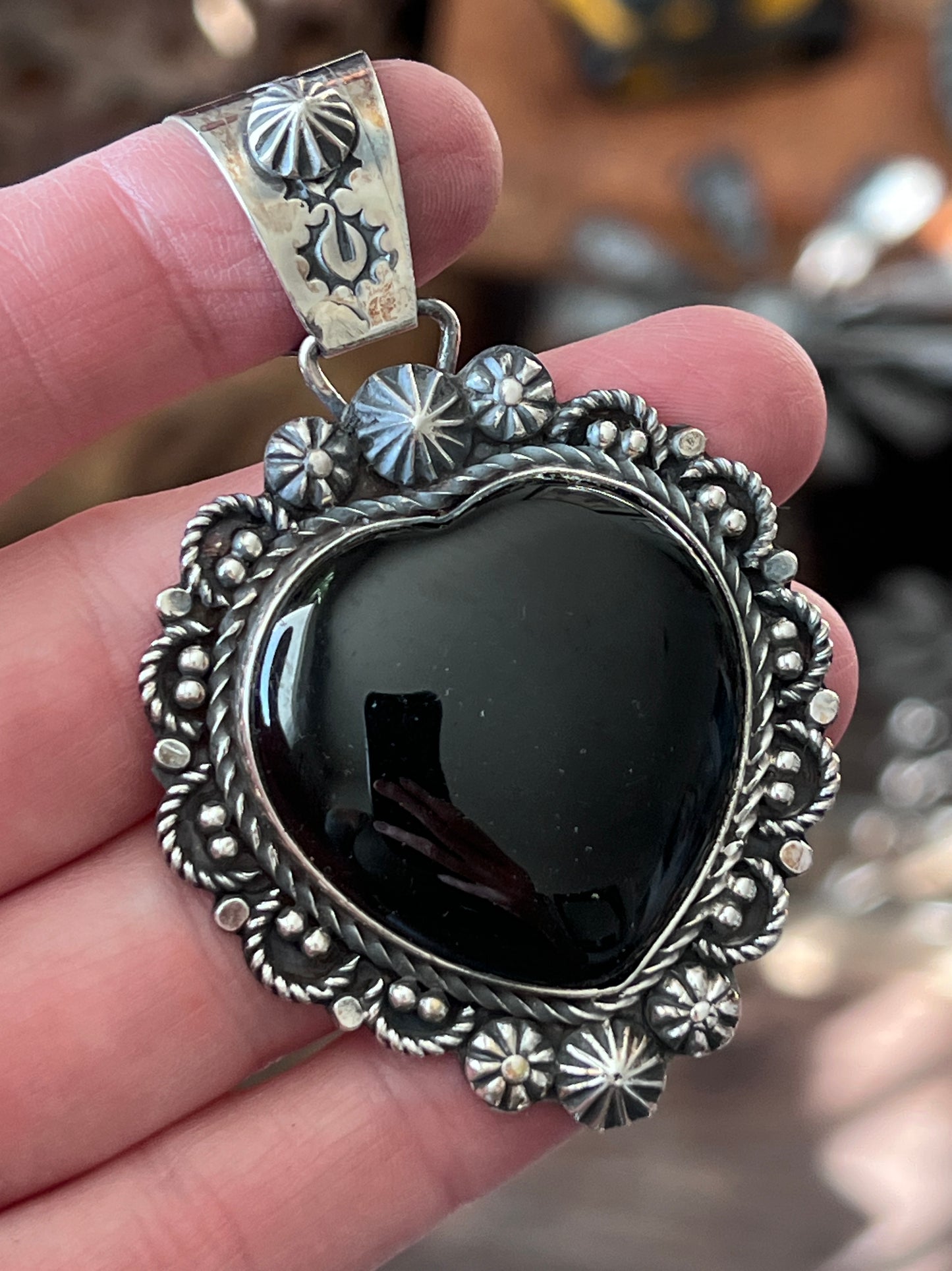 Black Onyx and Sterling Silver Heart Pendants by Rosella Paxson