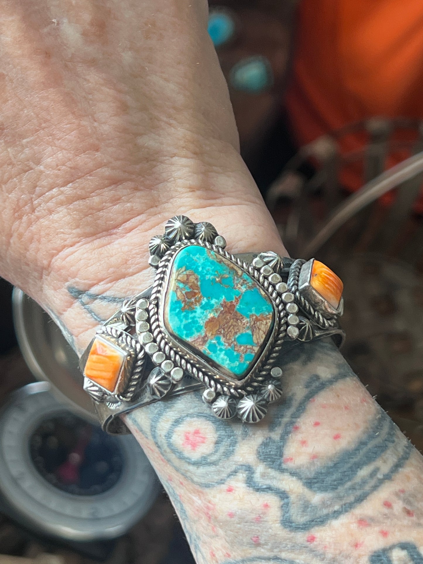 Rosella Paxson Pilot Mountain Turquoise and Spiny Oyster Stamped Split Cuff
