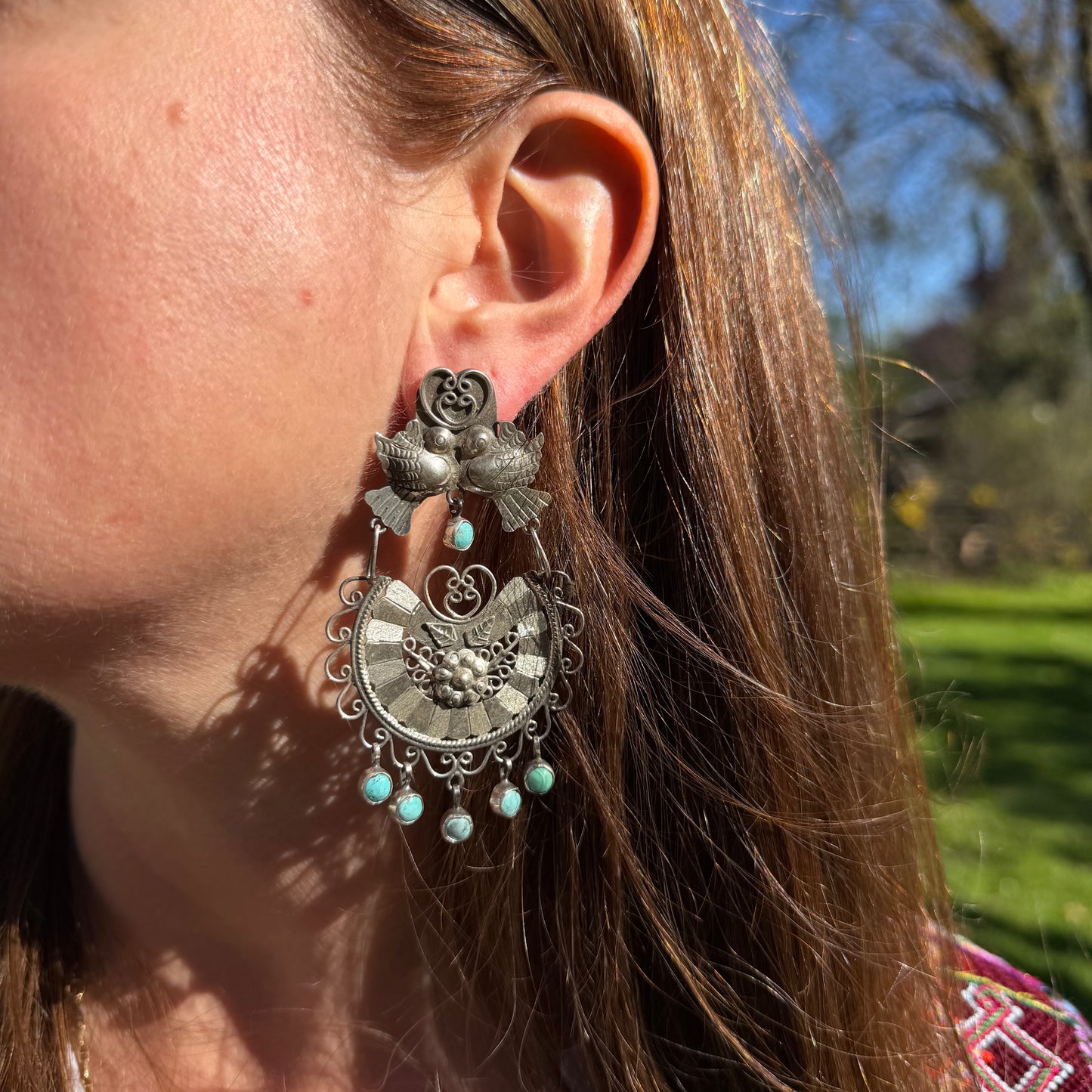 Sterling Silver Half Disc and Turquoise Filigree Lovebird Earrings by Federico Jimenez