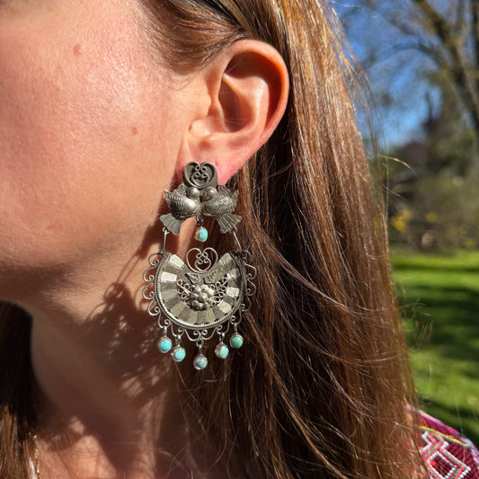 Sterling Silver Half Disc and Turquoise Filigree Lovebird Earrings by Federico Jimenez