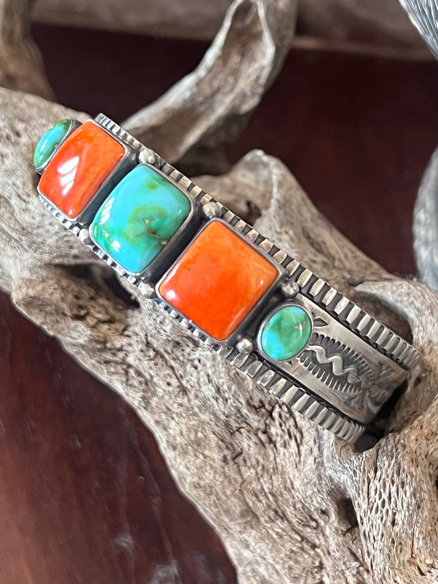 Handcrafted Sterling Silver Electric Rainbow Sonoran Turquoise and Spiny Oyster Stacker Cuff Bracelet by Murphy Platero