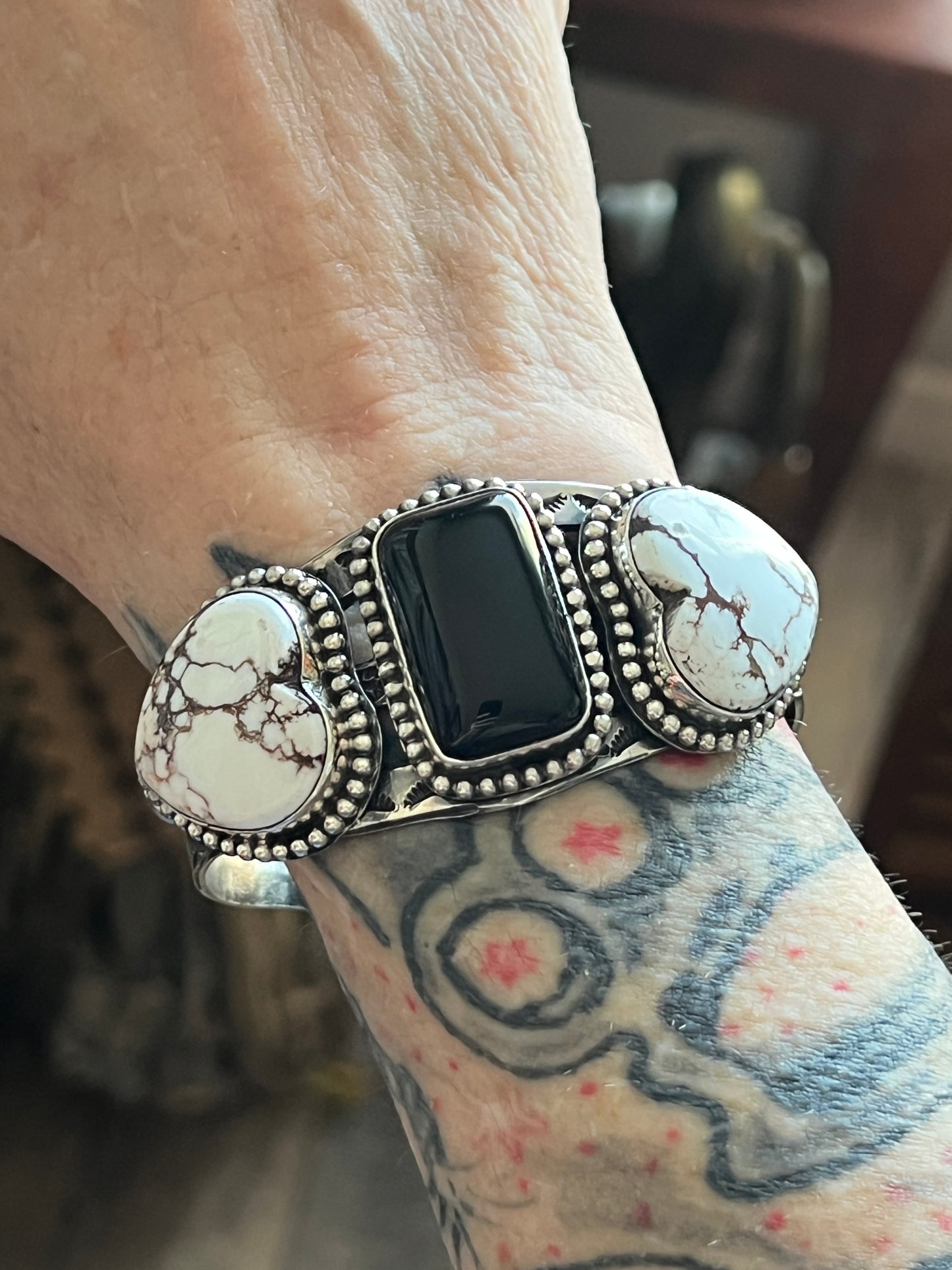 Rosella Paxson Sterling Silver Cuff with Wild Horse Magnesite Hearts and Rectangular Onyx