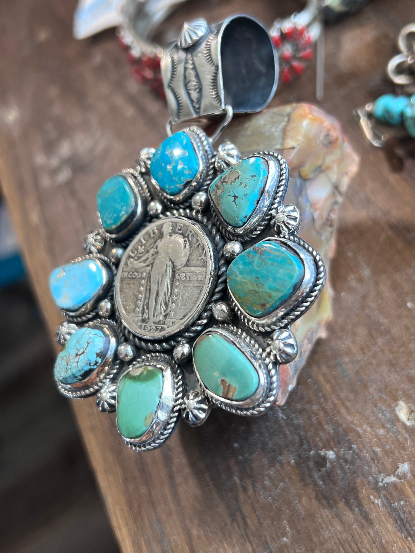 Turquoise Cluster Pendant with 1927 Liberty Quarter by Rosella Paxson