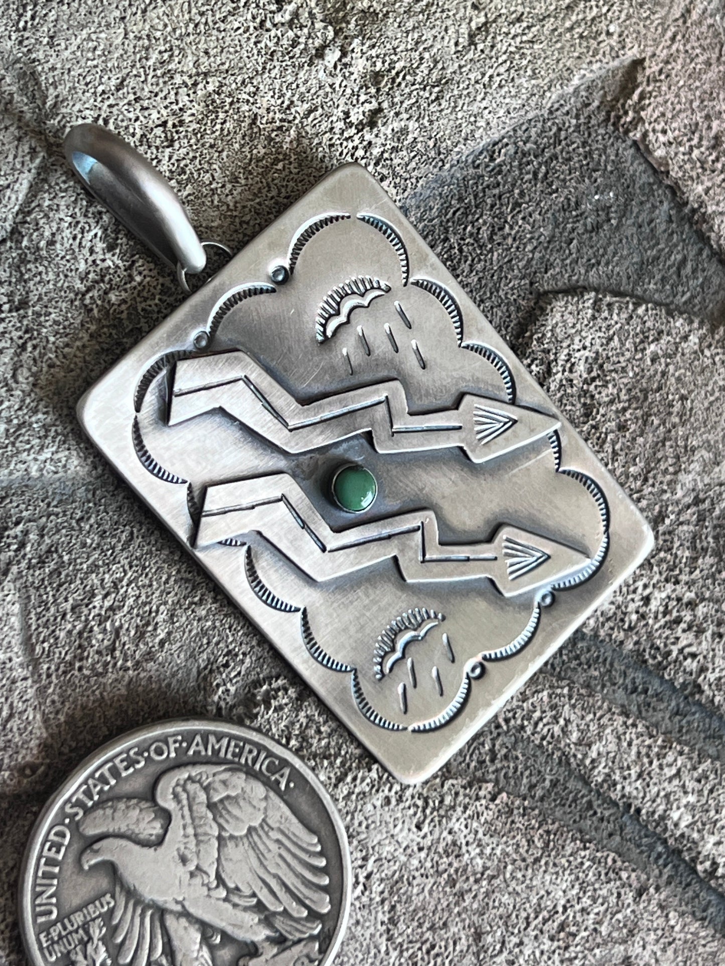 Hand Stamped Sterling Silver Fred Harvey Era Inspired Double Lightning Strike Tag Pendant by Kimari Somers