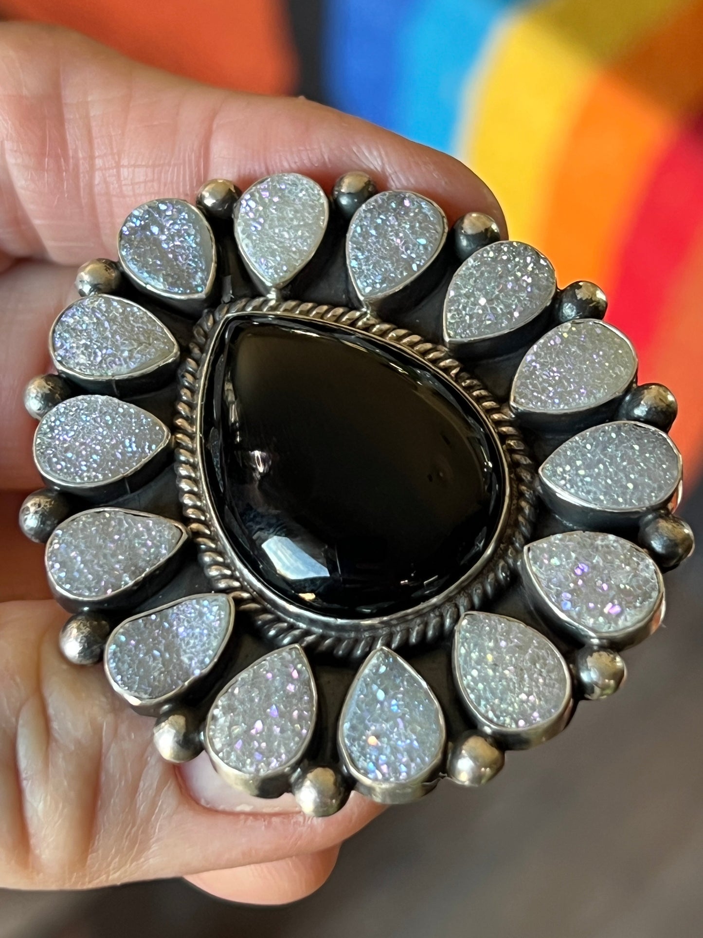 Navajo Sterling Silver, Black Onyx and Angel Aura Druzy Quartz Cluster Ring by Tyler Brown, Adjustable
