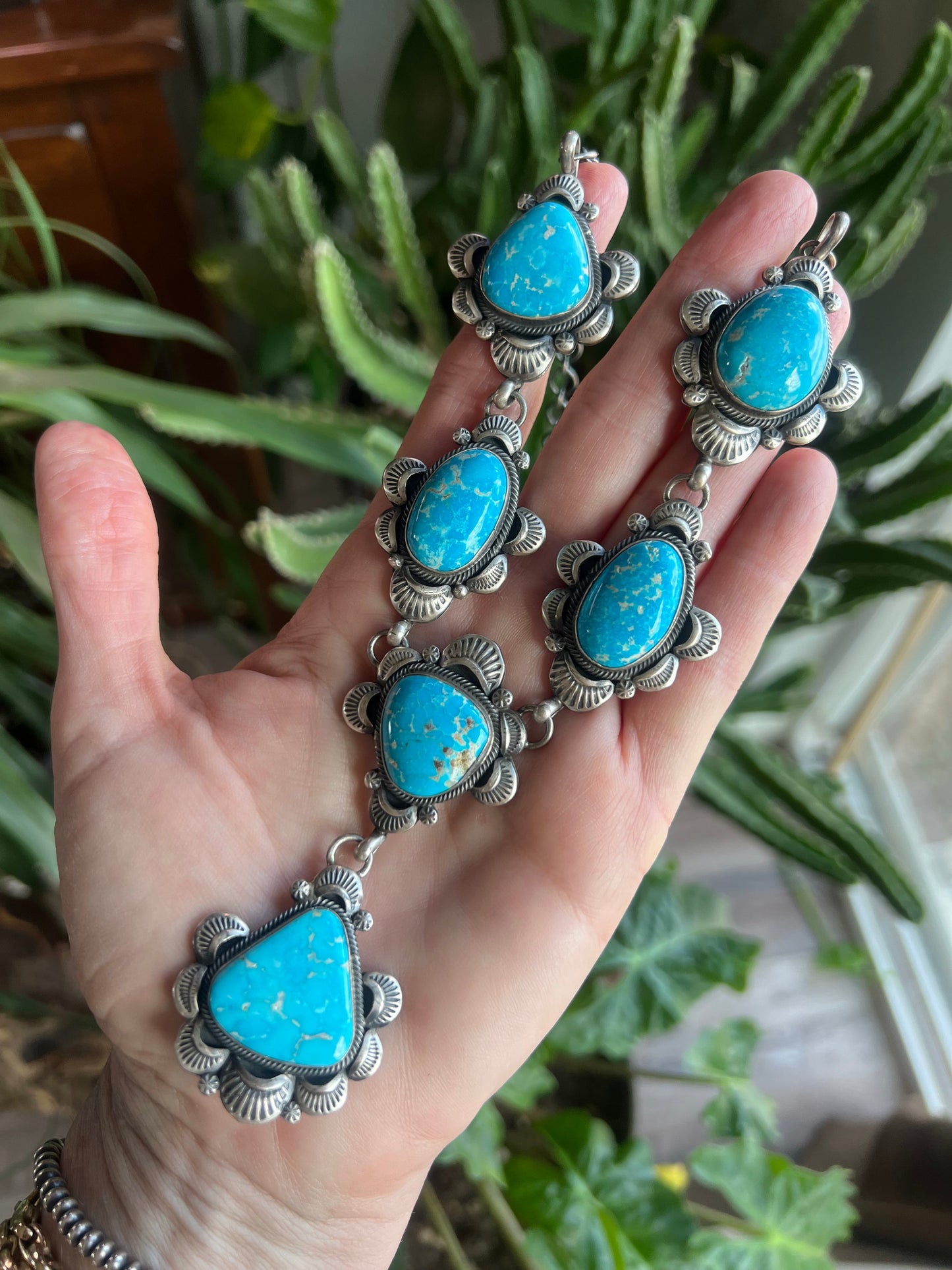 Stellar Navajo Sterling Silver and Whitewater Turquoise  Necklace and Earrings Set by Gilbert Tom